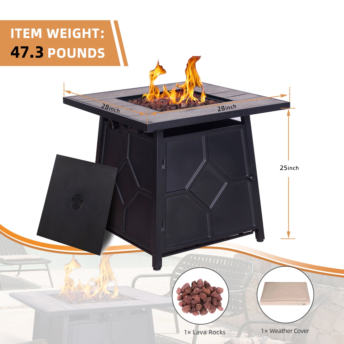 40,000 BTU Steel Propane Gas Fire Pit Table With Steel lid, Weather Cover