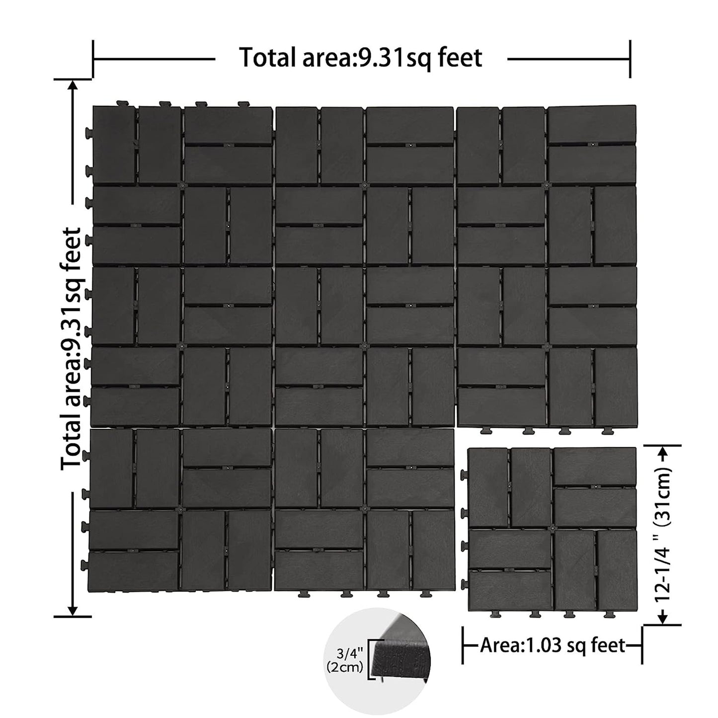 Patio Interlocking Deck Tiles, 12"x12" Square Composite Decking Tiles, Checked Plastic Outdoor Flooring Tile All Weather for Balcony Porch Backyard, (Gray, Pack of 9)