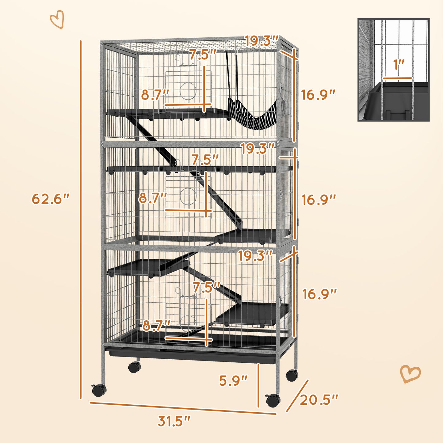 PawHut 63" 6-Tier Small Animal Cage, Ferret Cage, Large Chinchilla Cage with Hammock Accessory & Heavy-Duty Steel Wire, Small Animal Habitat with 6 Doors, Removable Tray, Gray