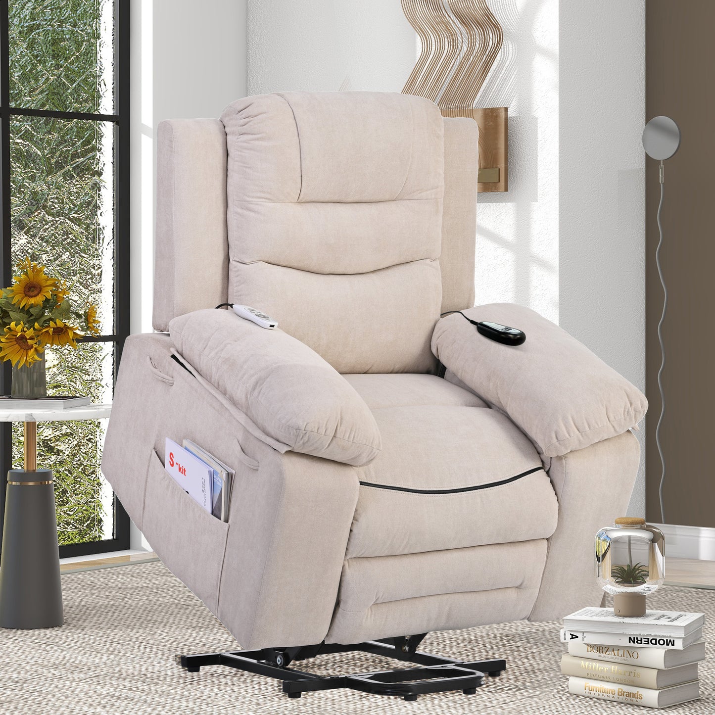 Massage Recliner,Power Lift Chair for Elderly with Adjustable Massage and Heating Function,Recliner Chair with Infinite Position and Side Pocket for Living Room ,Beige