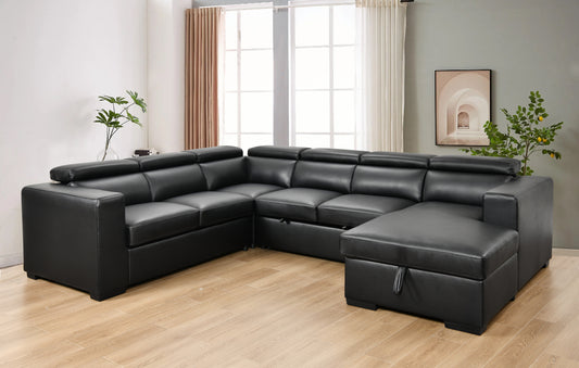 [SantaChoice] 123" Modern U Shaped 7-seat Sectional Sofa Couch with Adjustable Headrest, Sofa Bed with Storage Chaise-Pull Out Couch Bed for Living Room ,Black