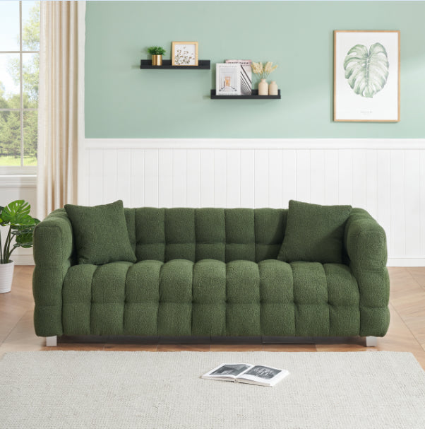 Refreshing Green Teddy Fleece Sofa - 80" Ideal for Living Room or Bedroom, Comes with Two Throw Pillows and Sturdy Hardware Foot Support