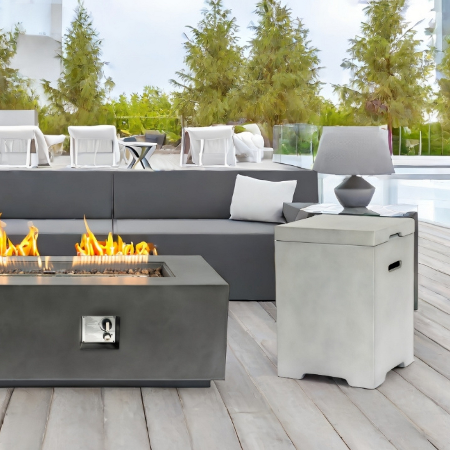 Outdoor Tank Table for Gas Fire Pits, Hides Propane Tank Cover, Concrete Light Gray, Side Handles