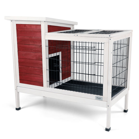 Two-Tier Wooden Indoor/Outdoor Rabbit Cage for Small Animals with Runway and Leak-Proof Plastic Tray,Red