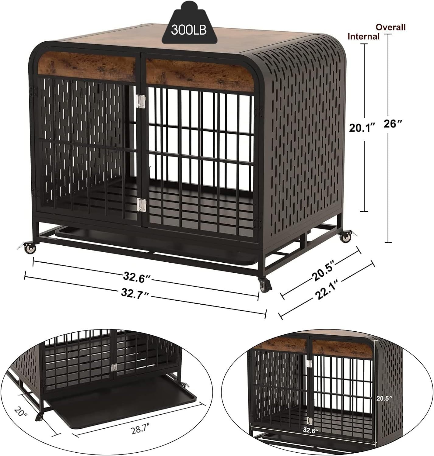 Heavy Duty Dog Crate Furniture Wooden Table Pet Dog Cage Kennel House Indoor Side End Table Decor with Removable Trays and Lockable Wheels for Small Dogs 33" Brown