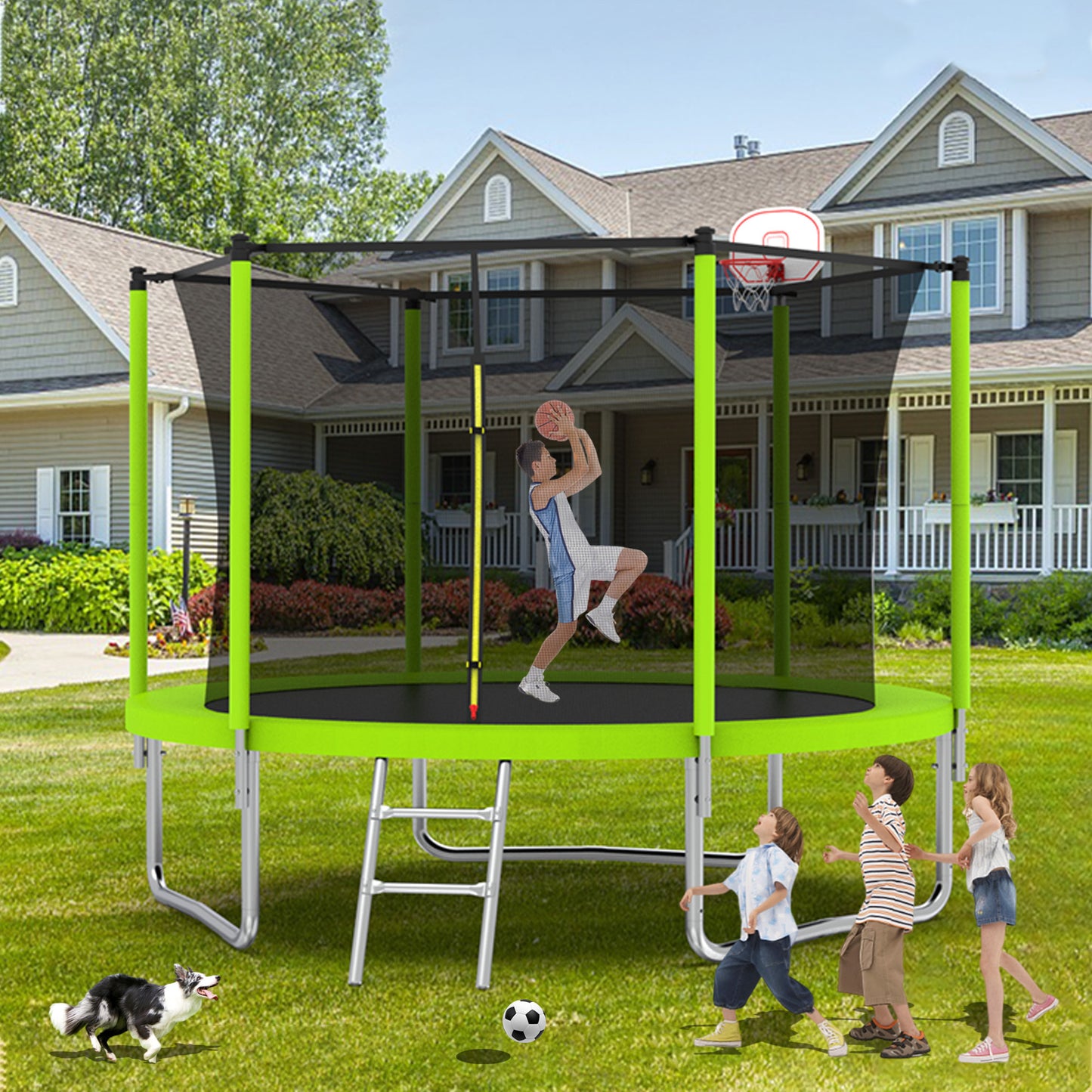 10FT Trampoline for Kids,  Basketball Hoop and Ladder, Outdoor Kids Trampoline with Safety Enclosure,Fast Assembly for Backyard Fun,ASTM Approved