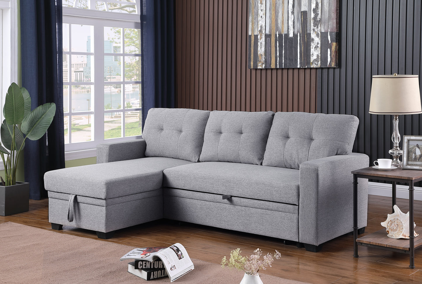 [SantaChoice] Upholstered Pull out Sectional Sofa with Chaise