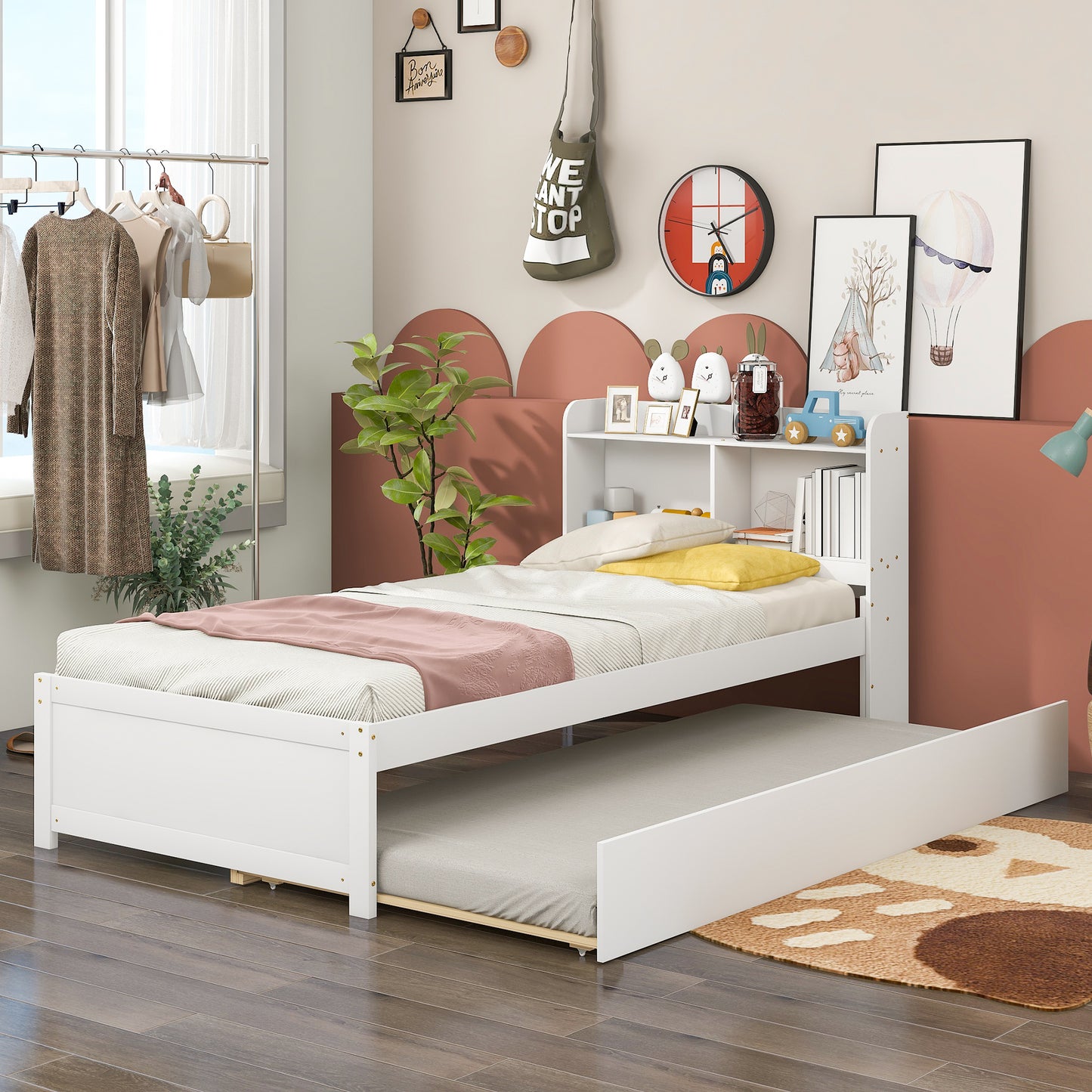 Twin Bed with Trundle,Bookcase,White