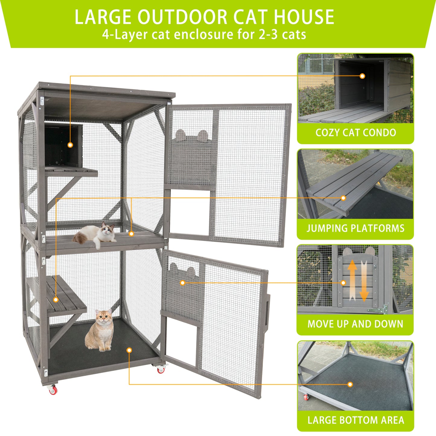 Catio Large Wooden Cat House Outdoor Indoor Cat Enclosures On Wheels, Wooden Kitty House Shelter Outside with Resting Box, Waterproof Roof (Grey, 31.5" D x 36.6" W x 71" H)