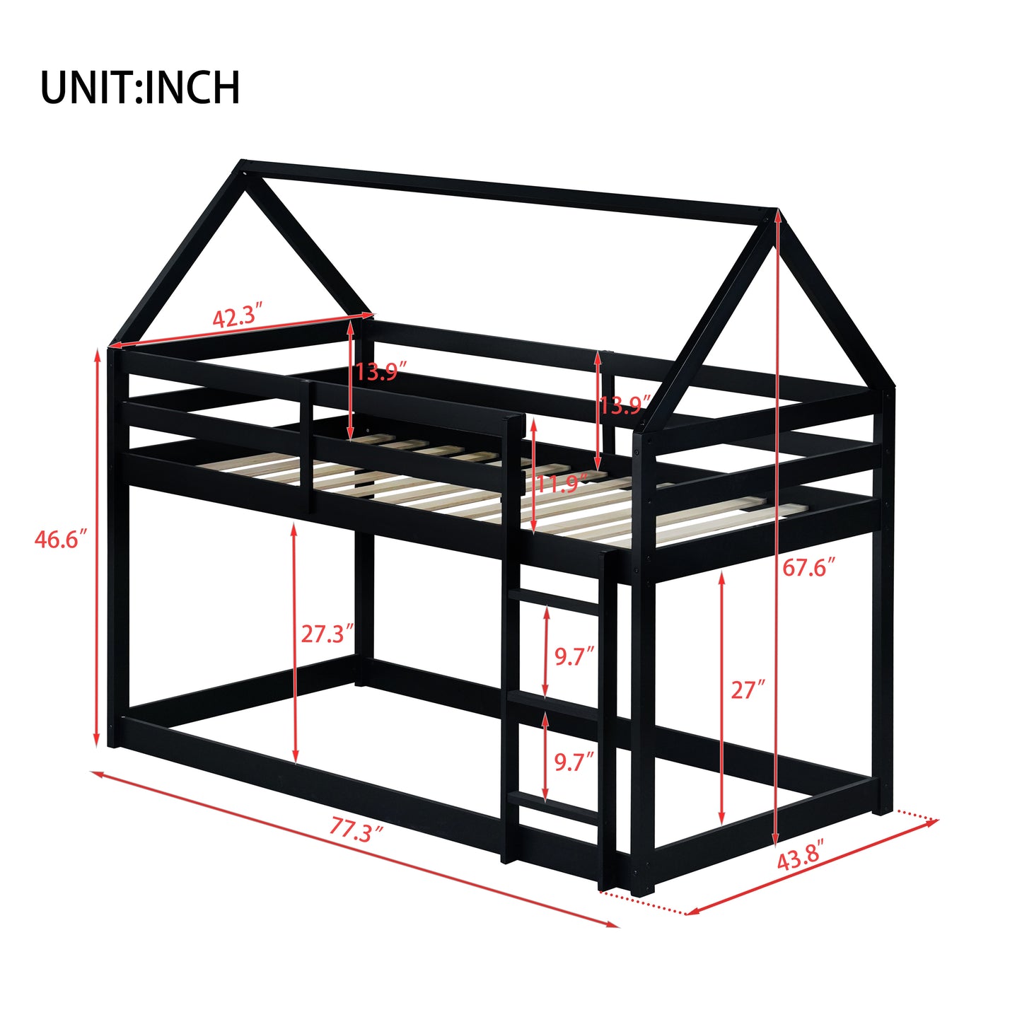 Twin over Twin Rubber Wood Floor Bunk Bed, with ladder,Guardrails,House-Shaped-Bunk Bed, Black