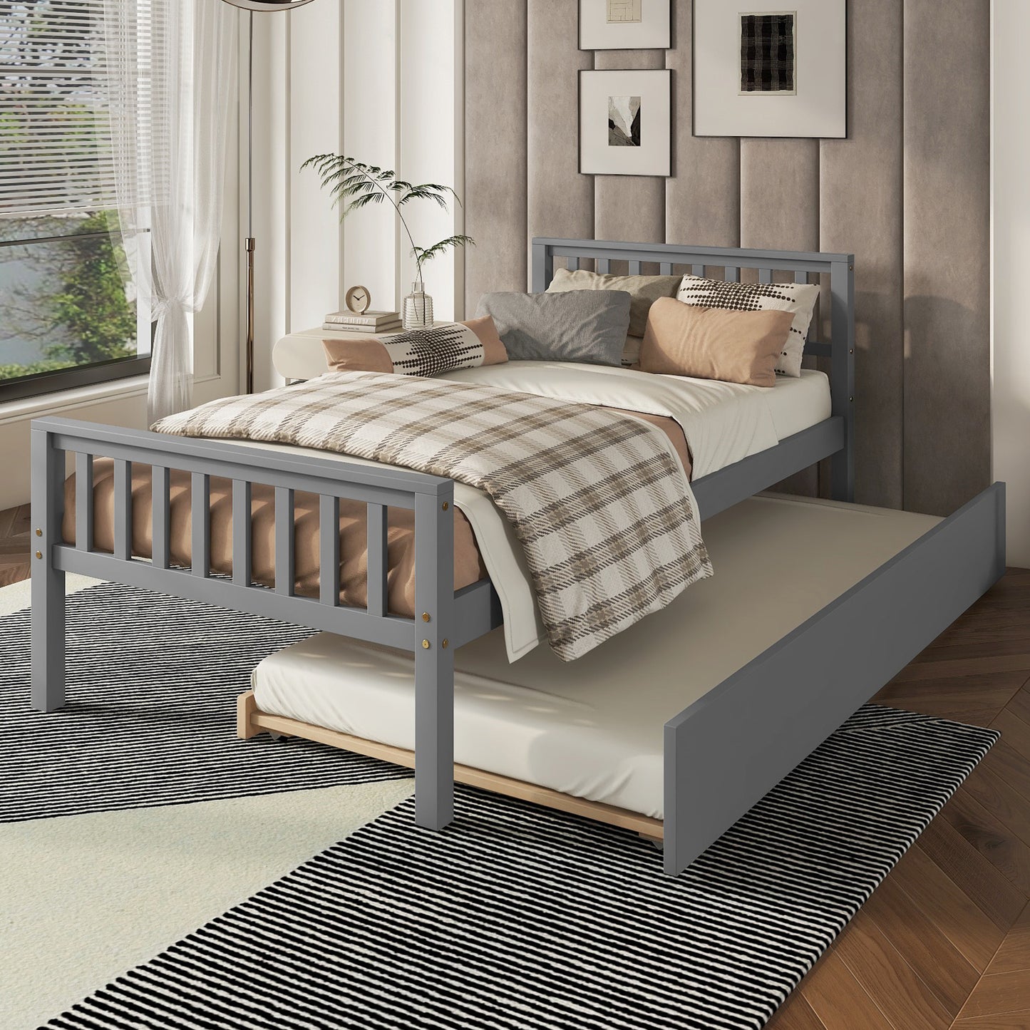 Twin Bed with Trundle, Platform Bed Frame with Headboard and Footboard, for Bedroom Small Living Space,No Box Spring Needed,Grey(Old SKU:W50422210)