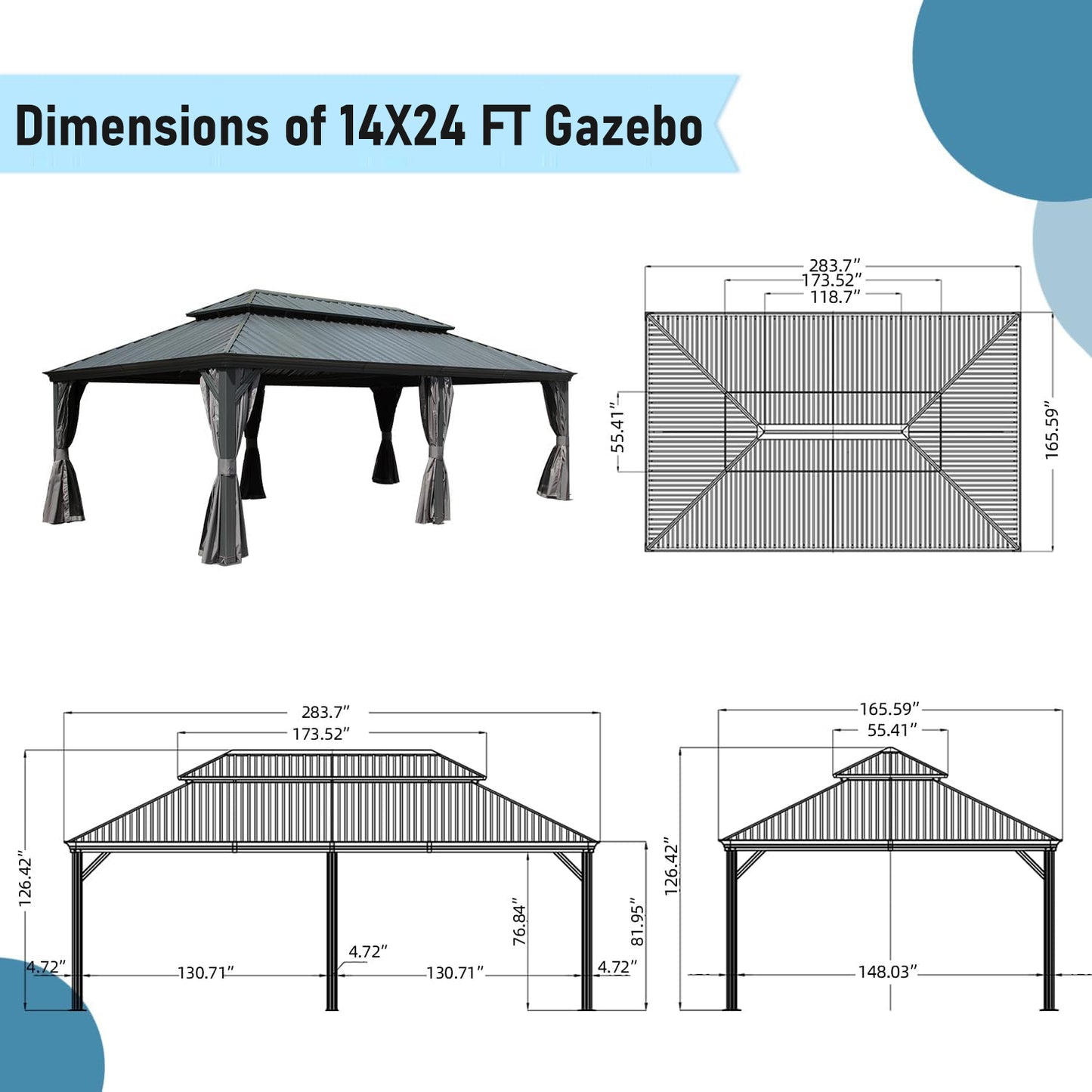 14x24FT Hardtop Gazebo, Outdoor Gazebo with Galvanized Steel Double Roof, Aluminum Frame, Built-in Gutter System, Curtain and Netting, Metal Gazebo Pavilion for Patio Deck Garden, Grey