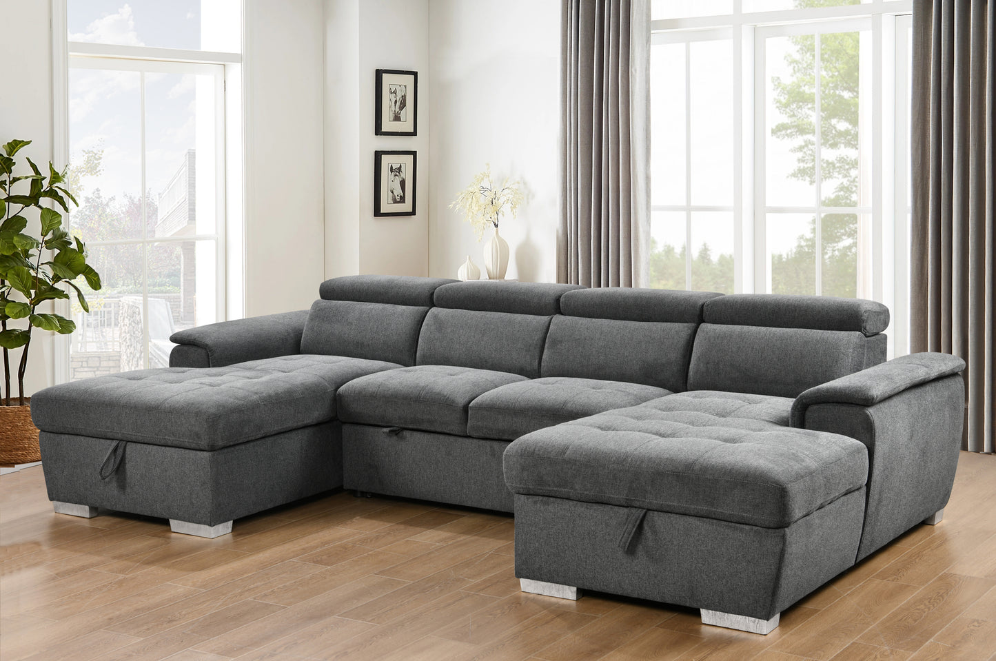 U Shaped Sleeper Sofa, 121 inch Overisze - 2 in 1 Pull Out Bed, Sectional Sleeper Sofa with Double Storage Chaise for Living Room Furniture, Dark Grey