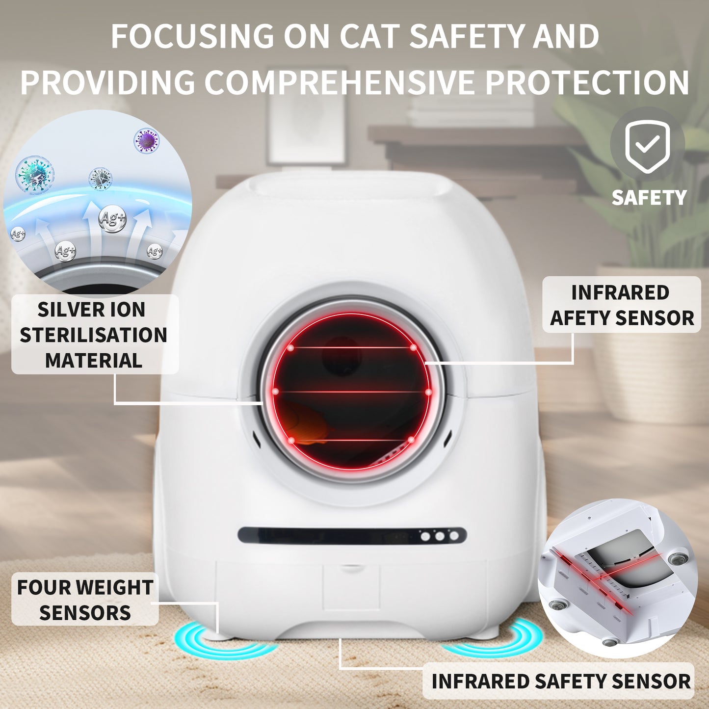 Self-cleaning cat litter box, 68L+9L, suitable for a variety of cat litter, APP control, real-time video, photo and video, safe and reliable, ionic deodorization, with exhaust hose, support WiFi