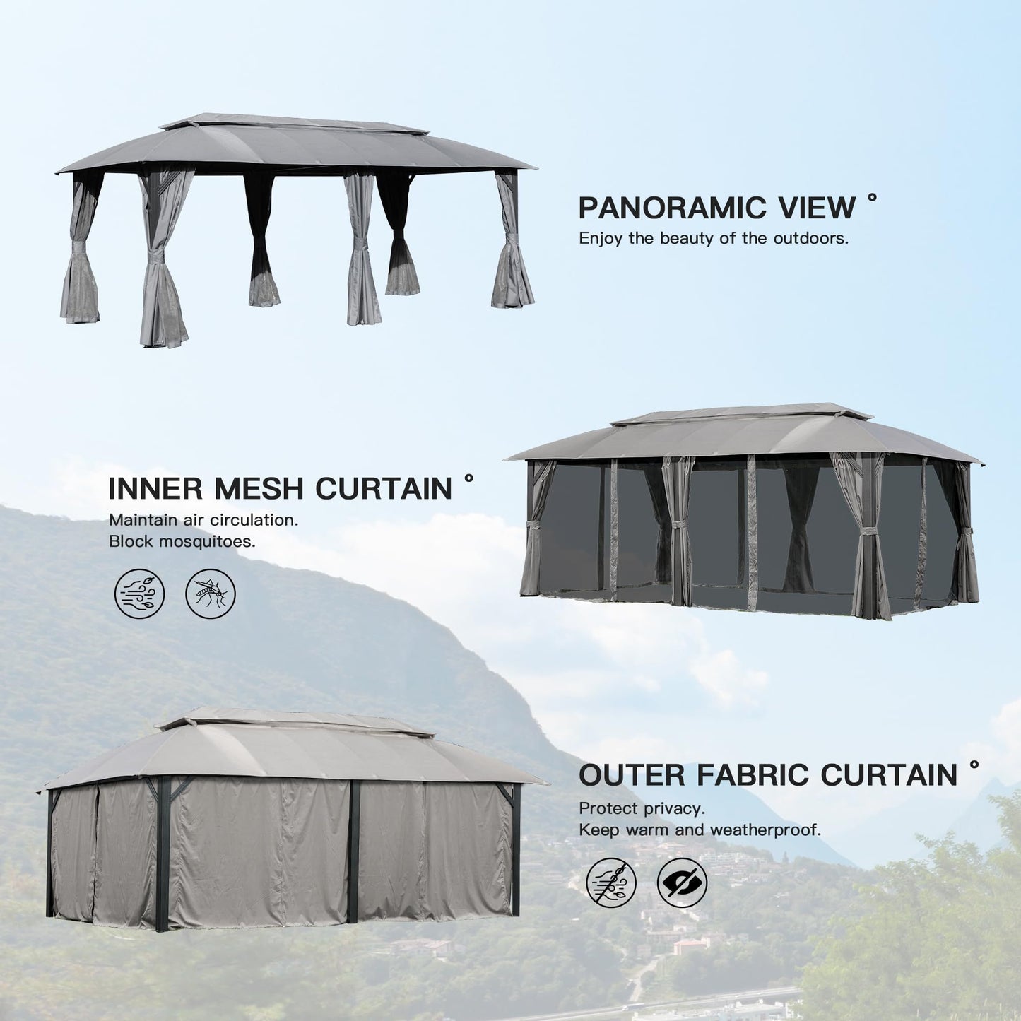 Gazebo 10x20FT, Outdoor Gazebo with Double Roofs, Privacy Curtains, Mosquito Nettings, Heavy Duty Metal Frame Party Tent Canopy for Patio, Backyard, Deck, Lawn, Grey