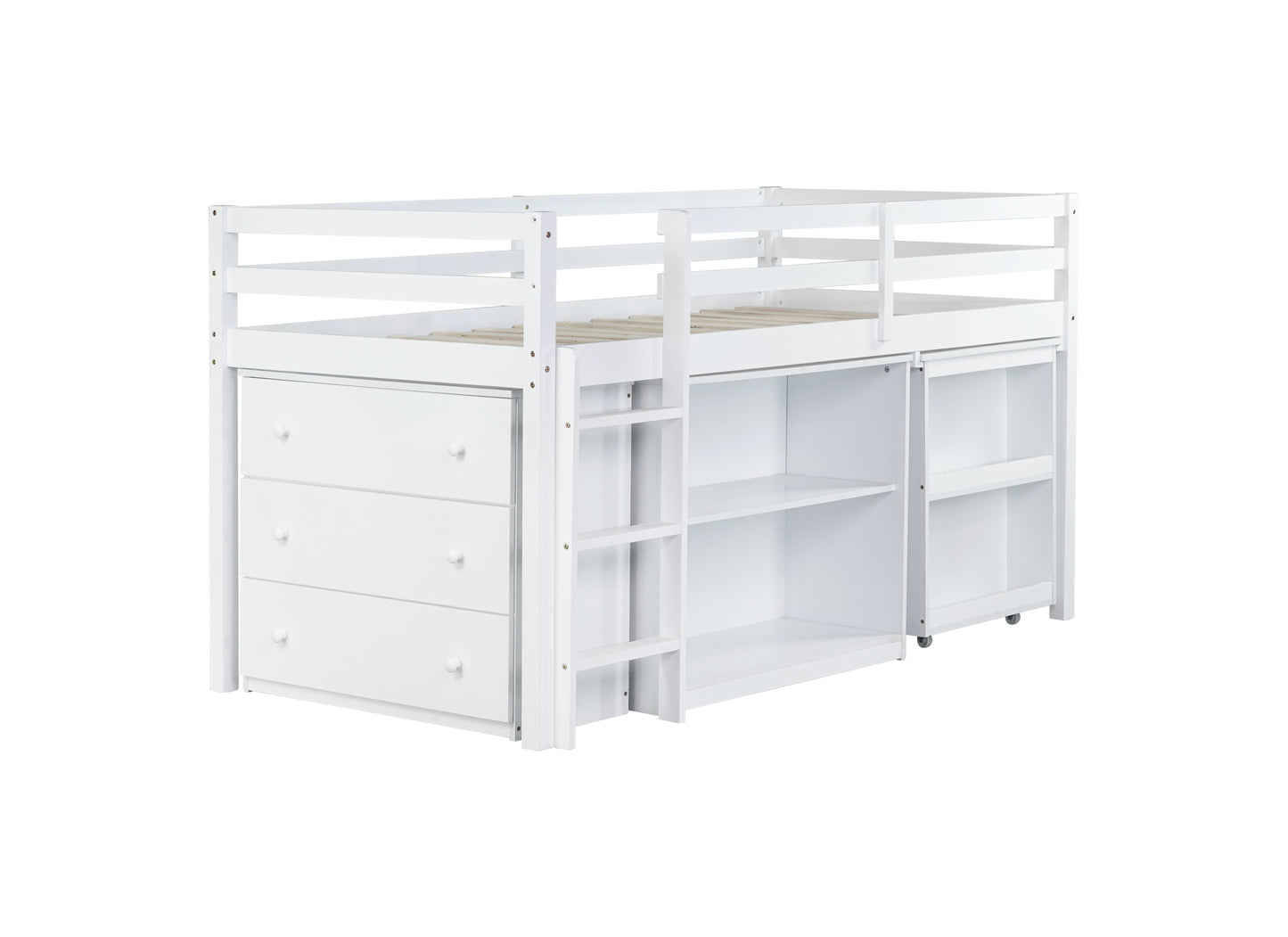 Twin Loft Bed w. stroage case ,drawers,Twin Loft Bed with ,Drawer Cabinet, Shelf Cabinet and Pulling -Out Desk,Rubber Wood Loft Bed with Safety Guardrail ,Ladder,White