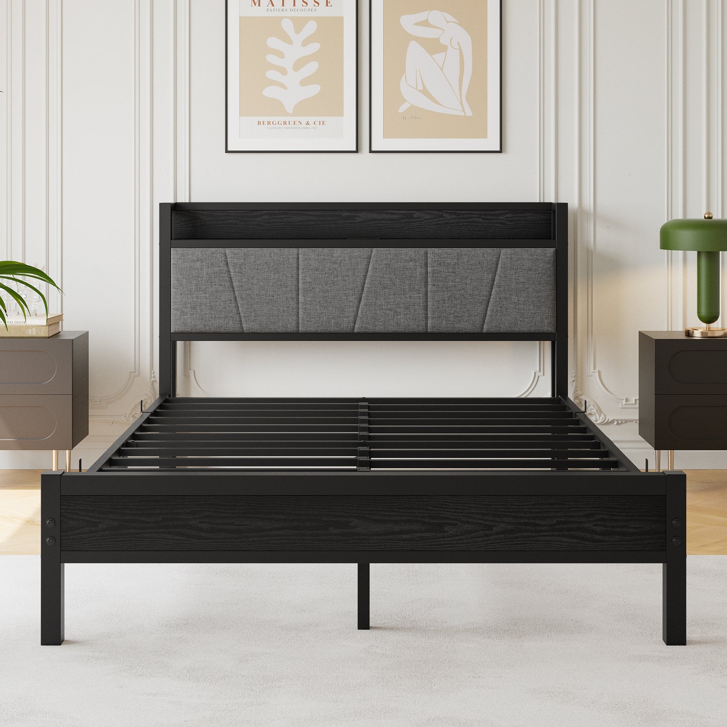 Queen Size Bed Frame, Storage Headboard with Charging Station, Solid and Stable, Noise Free, No Box Spring Needed, Easy Assembly