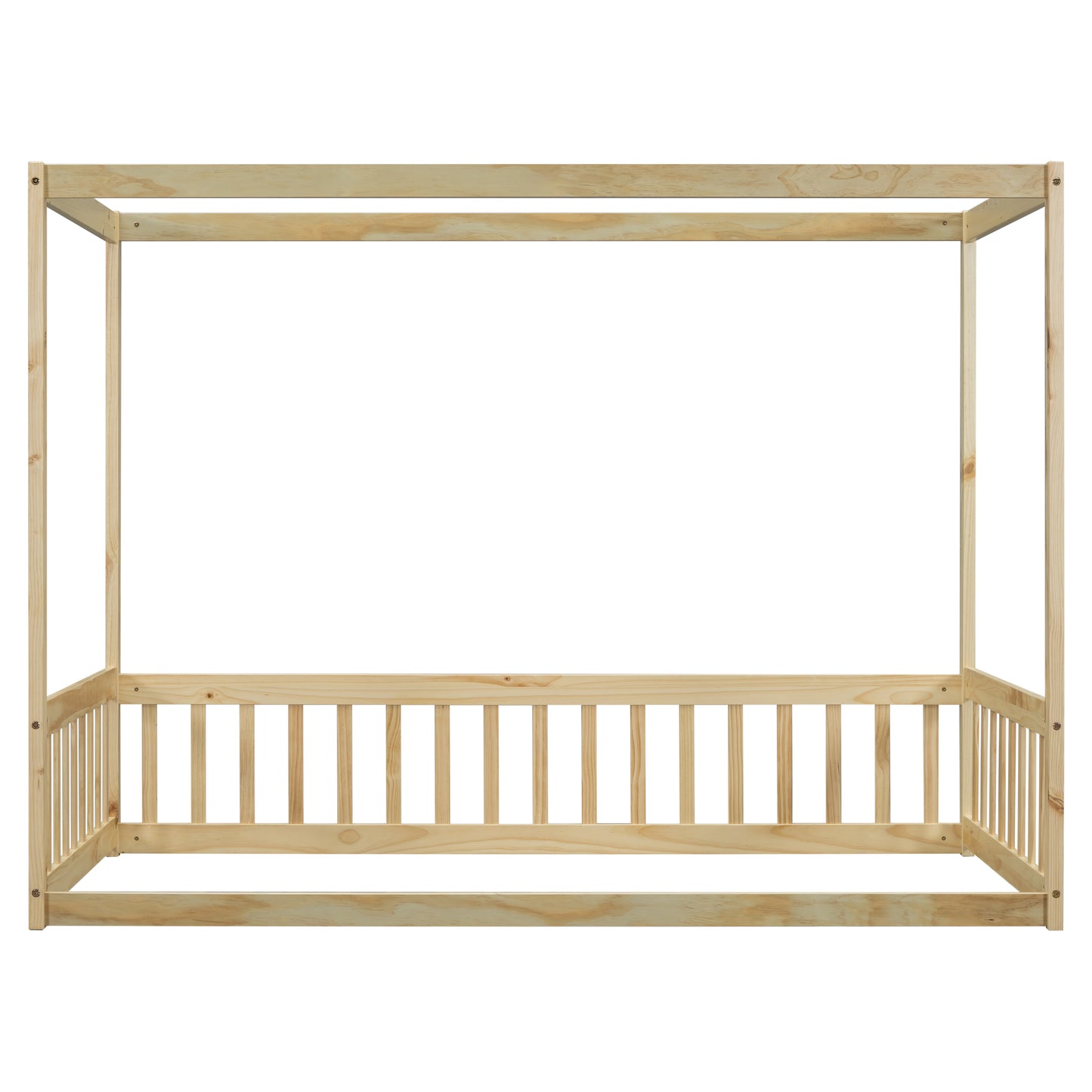 Twin Size Canopy Frame Floor Bed with Fence, Guardrails,Natural