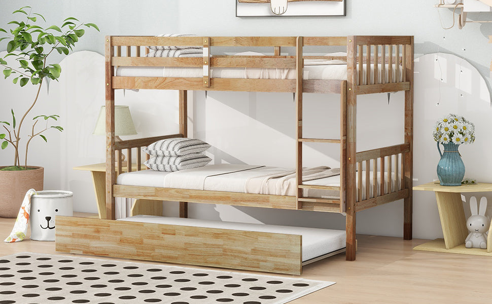 Twin Over Twin Rubber Wood Bunk Bed with Trundle, Convertible into 2 Twin Size Beds, Twin Size Bunk Bed with Ladder and Safety Guardrails,Natural