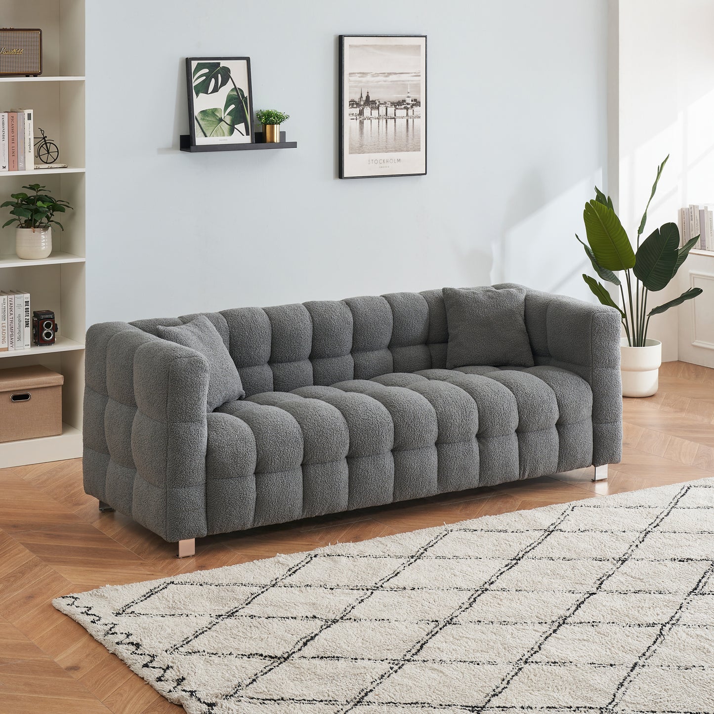 [SantaChoice] Grey teddy fleece sofa 80 inch discharge in living room bedroom with two throw pillows hardware foot support