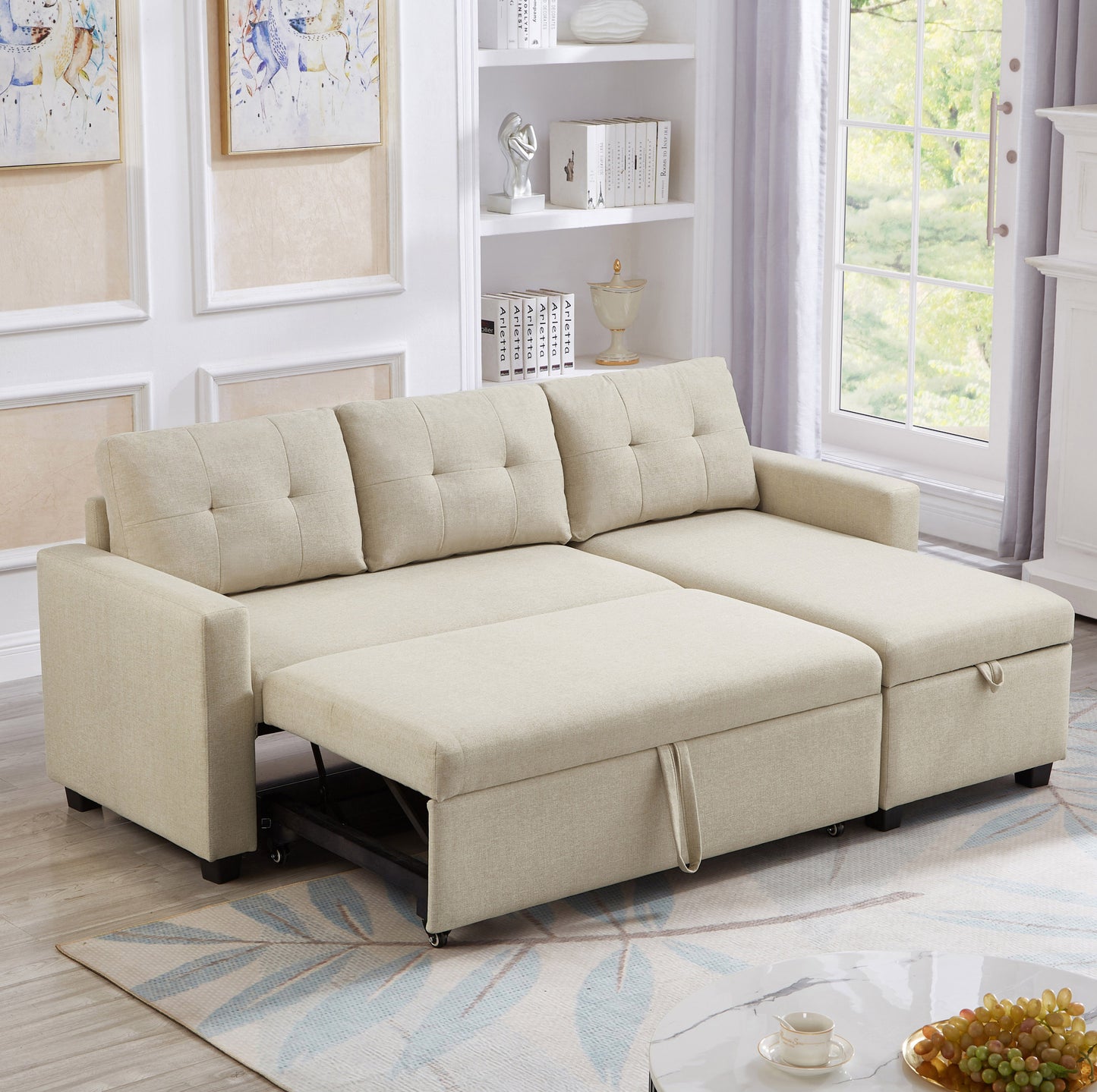 [SantaChoice] Upholstered Pull Out Sectional Sofa with Storage Chaise, Convertible Corner Couch, Beige