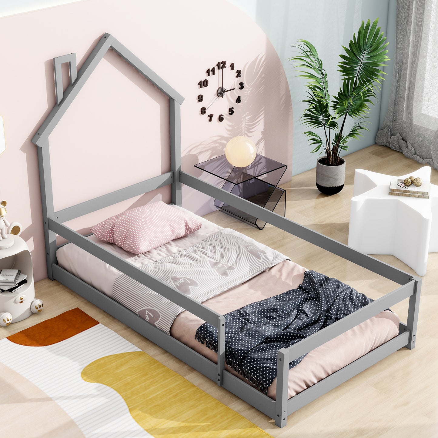 Twin Size Wood bed with House-shaped Headboard Floor bed with Fences,Grey