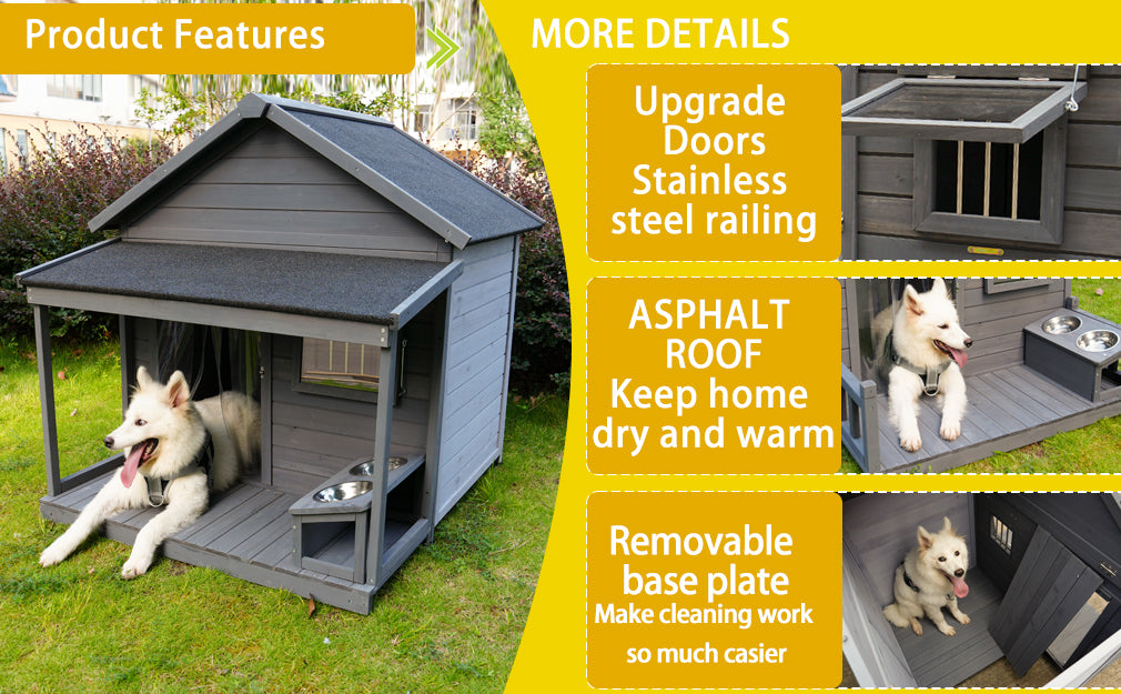 Large balcony dog house, length 44.2" x width 44.6 "x height 44.6" Solid wood asphalt roof dog house with large terrace, weatherproof large dog house, cleaning mat, feeding bowl