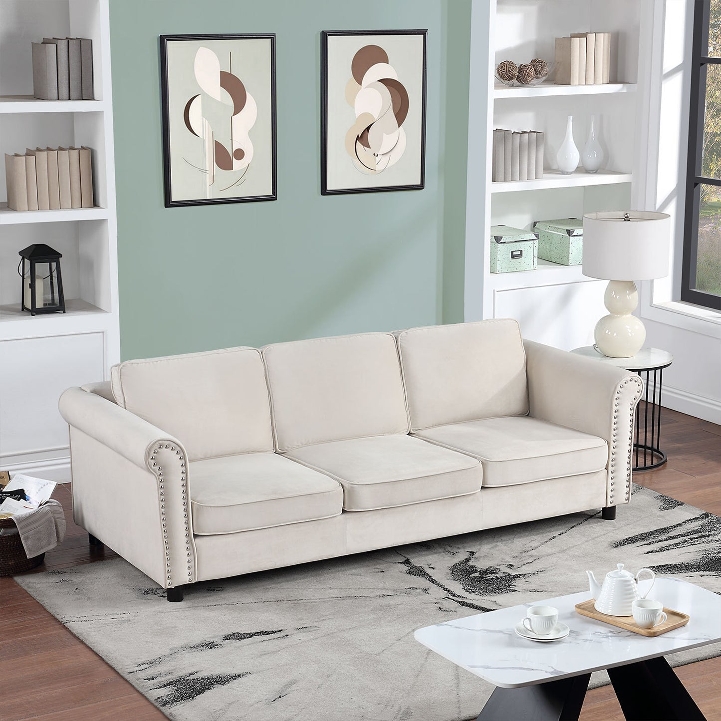 [SantaChoice] 89.37" Mid-Century Modern Couch Velvet Sofa Couch 3 Seater Sofa, Beige