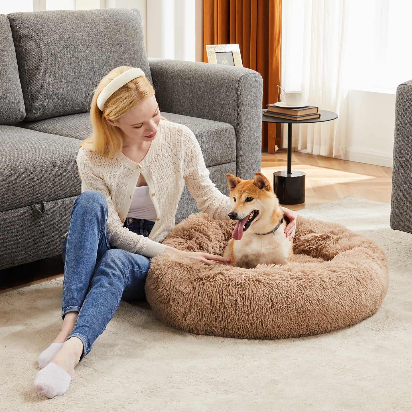 Anti-Slip Round Fluffy Plush Faux Fur Cat Bed, Small Brown