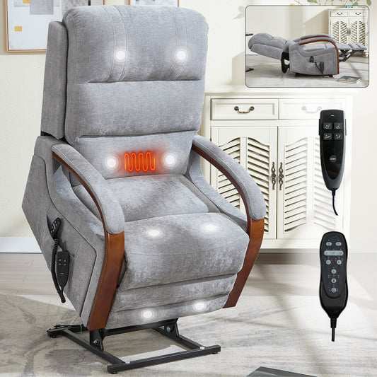 Power Grey Chenille Lift Recliner Chair Dual Motor Infinite Position Up to 350 LBS with Solid Wood Armrests, Heat Massage and Heavy Duty Motion Mechanism