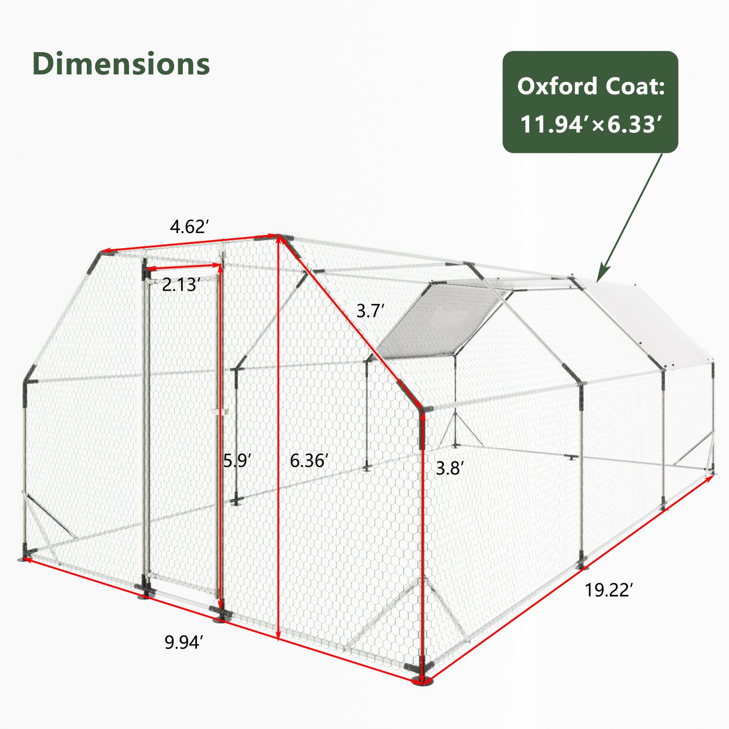 10 ft. x 20 ft. Galvanized Large Metal Walk in Chicken Coop Cage Farm Poultry Run Hutch Hen House