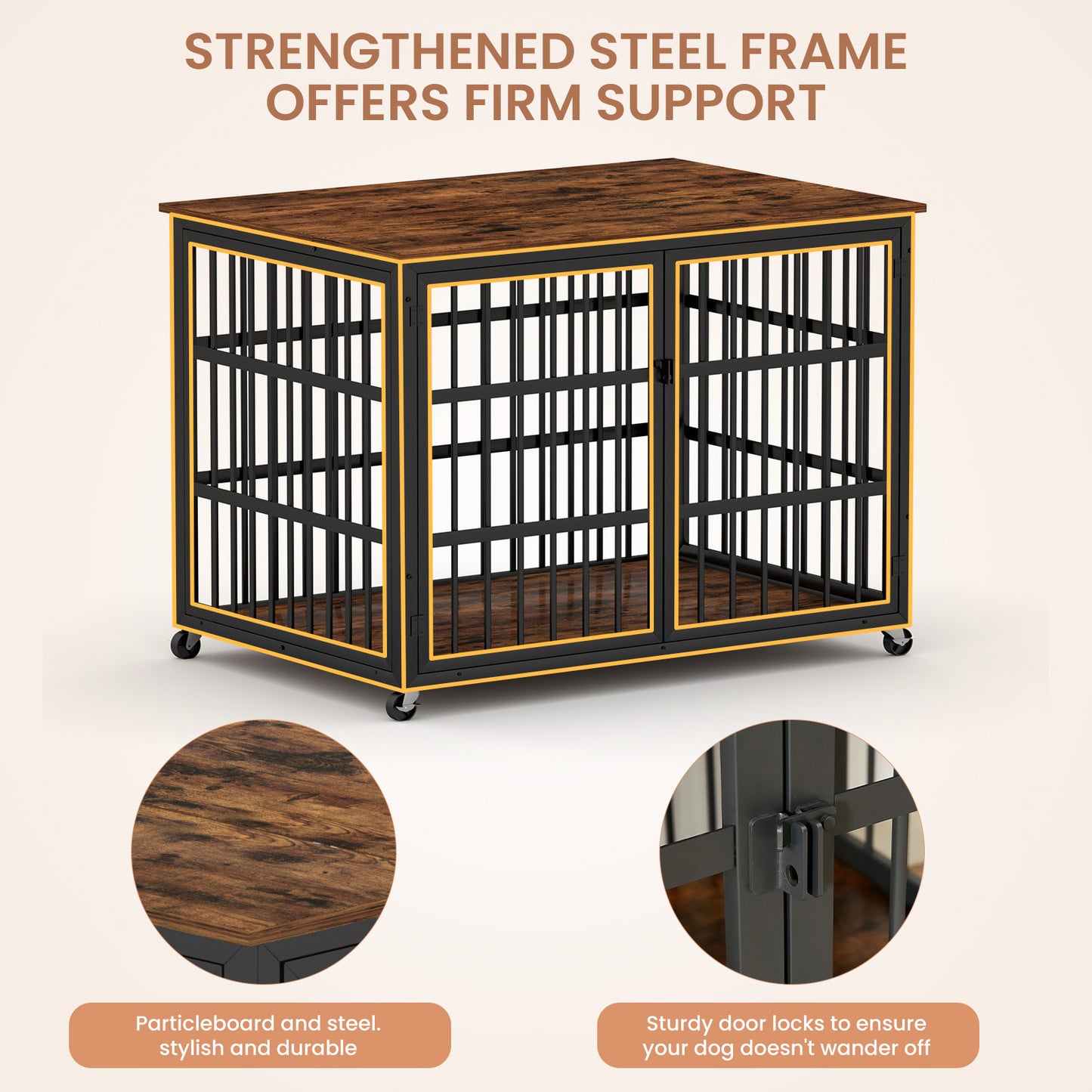 Furniture style dog crate wrought iron frame door with side openings, Rustic Brown, 43.3''W x 29.9''D x 33.5''H.