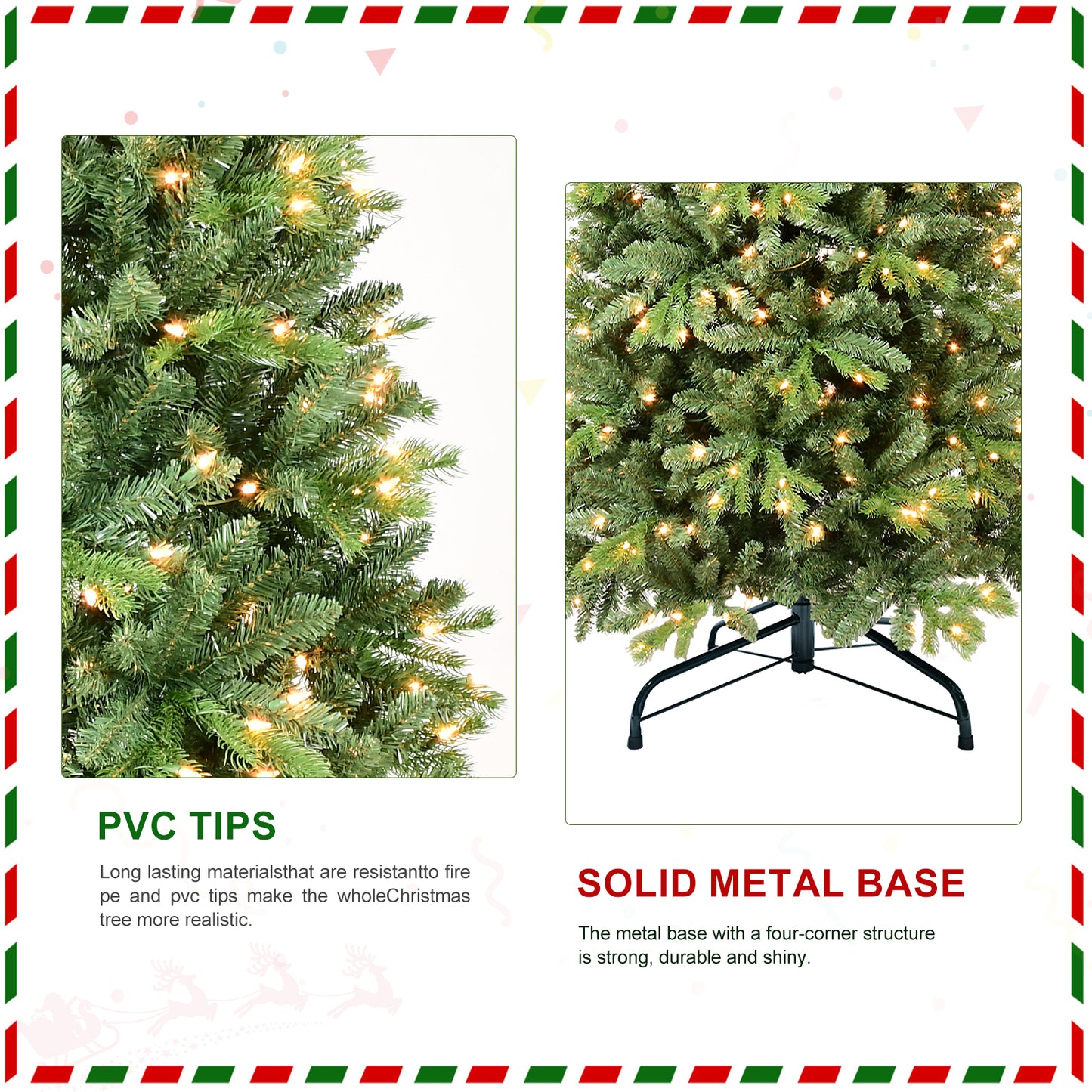 9Ft Pre-Lit Slim Christmas Tree, Green, Fir Xmas 'Feel Real' Artificial Tree, White Lights, Metal Hinged, Foldable Base