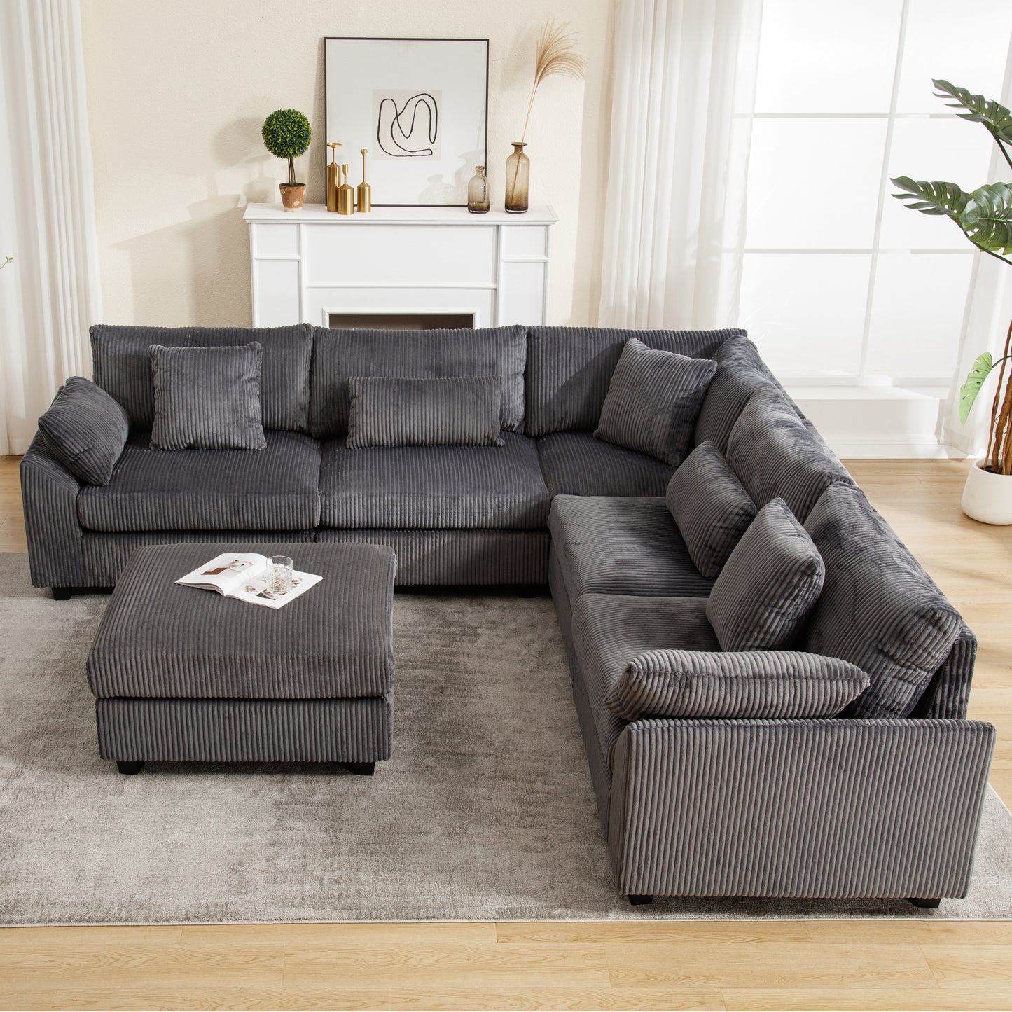 Oversized Modular Sectional Sofa Couches Set,Corduroy Upholstered Deep Seat Comfy Sofa for Living Room,Dark Gray