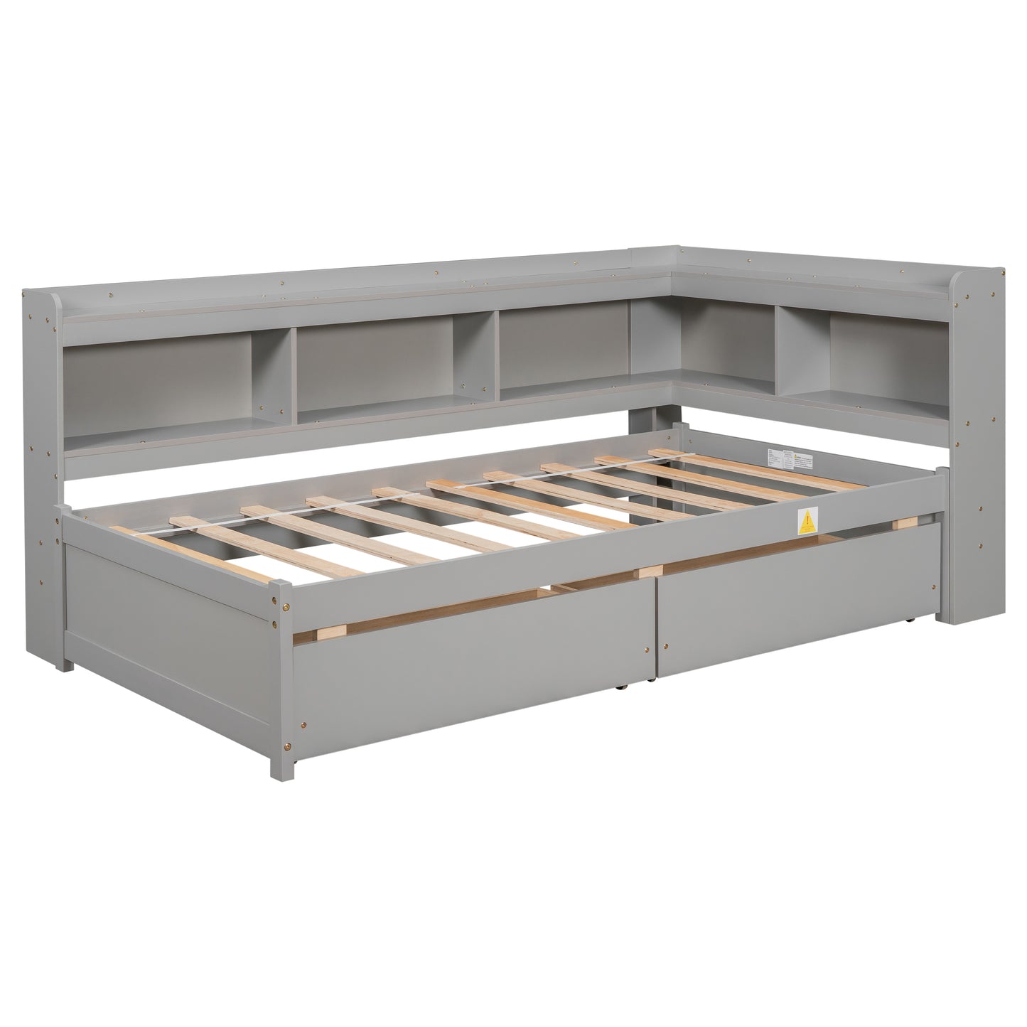 Twin Bed with L-shaped Bookcases,Drawers,Grey