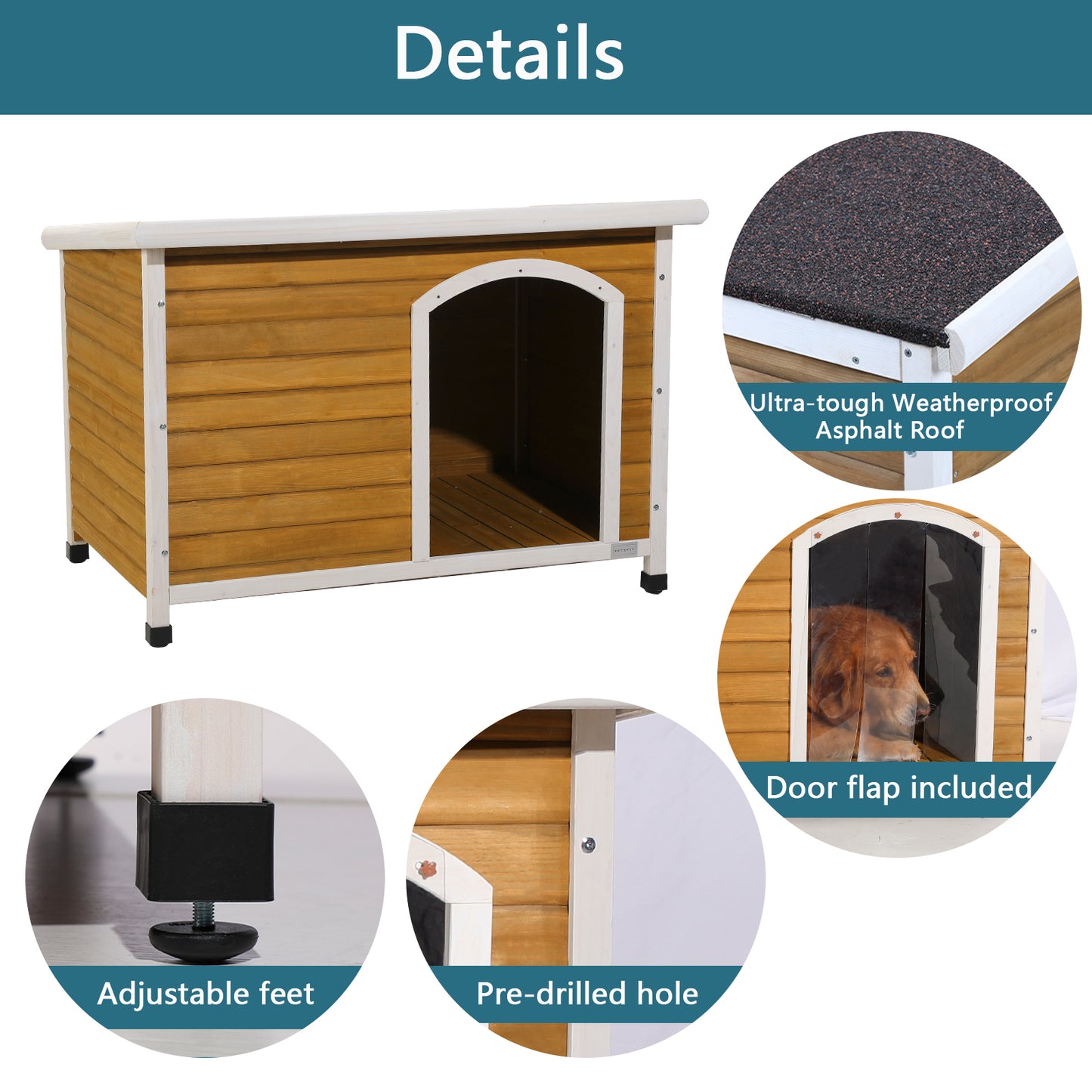 Large Wooden Outdoor Dog House, Waterproof Roof, Elevated Floor, Adjustable Plastic Feet, Yellow