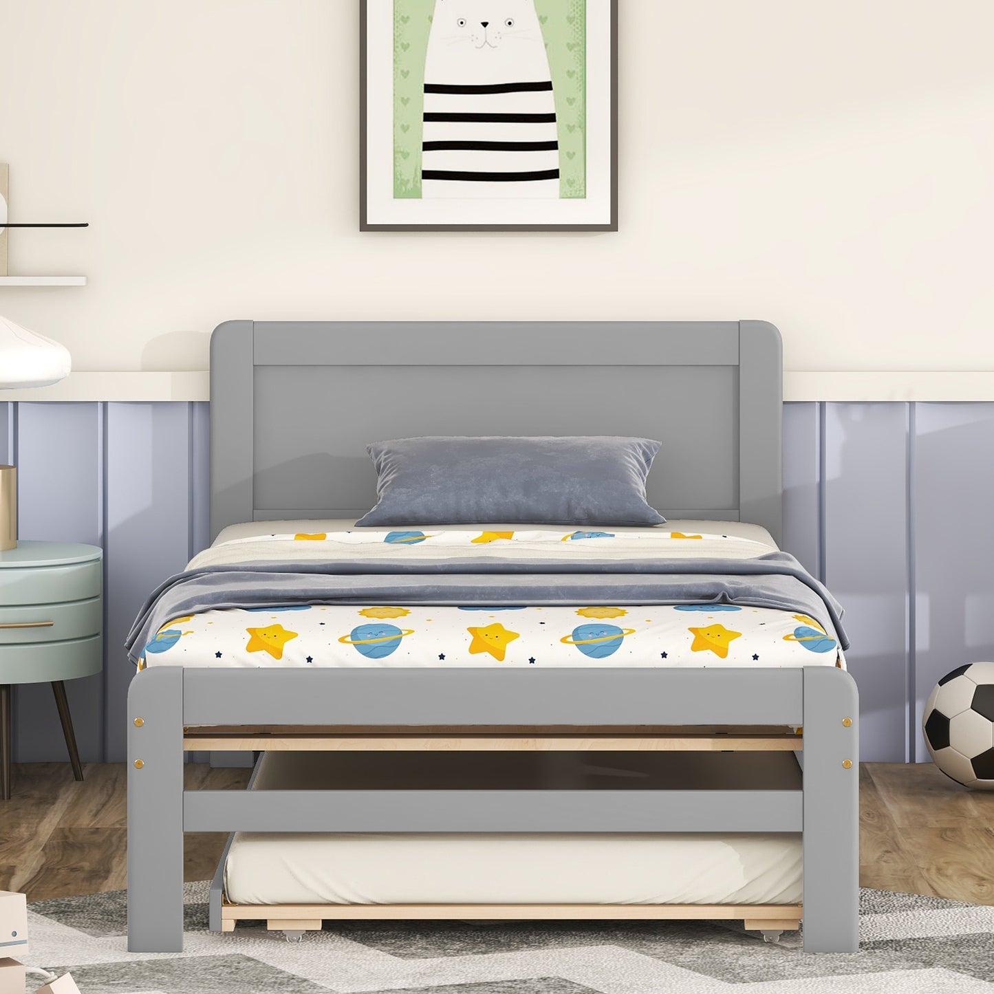 [SantaChoice] Modern Design Twin Size Platform Bed Frame with Trundle for Grey Color