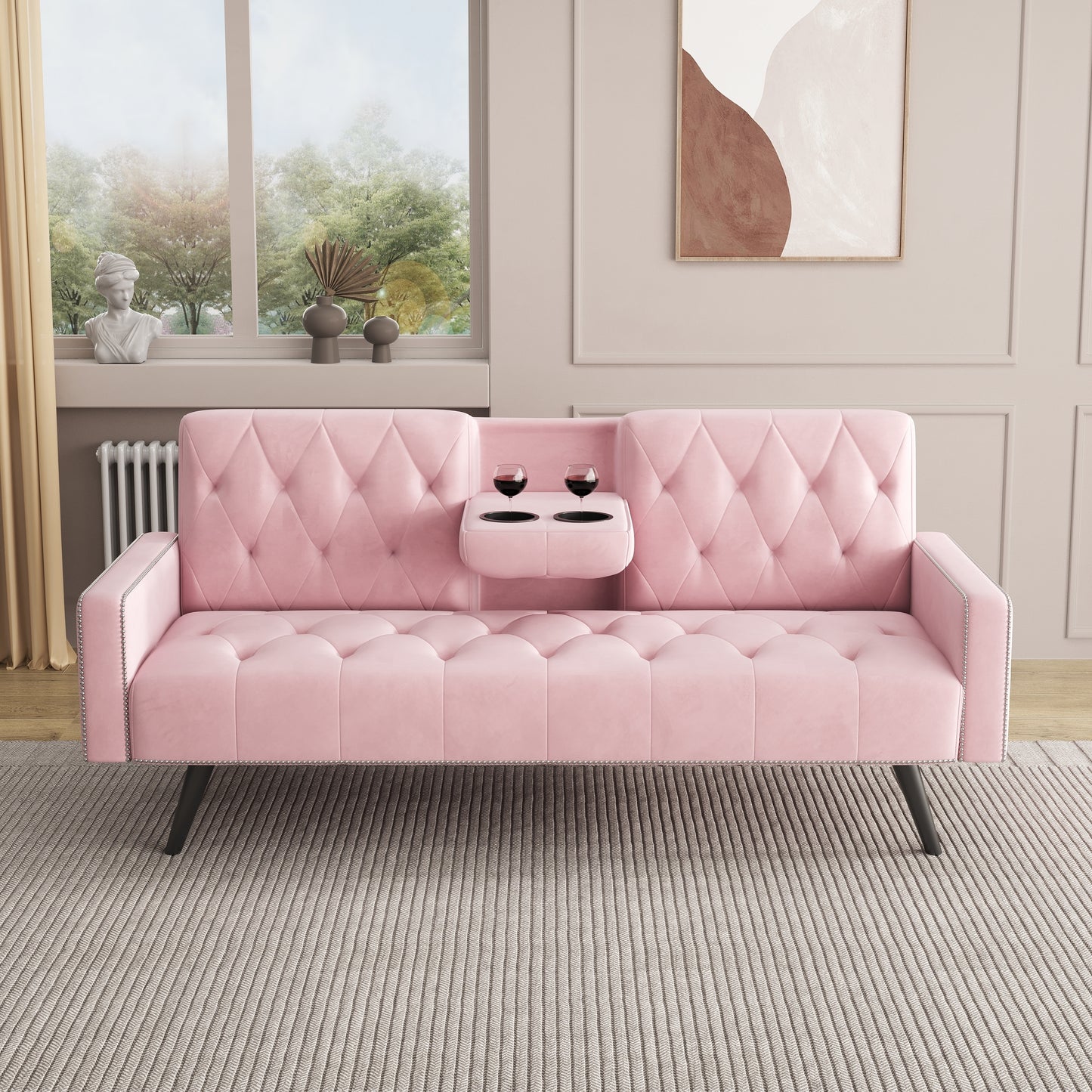 [SantaChoice] 1730 Sofa Bed Armrest with Nail Head Trim with Two Cup Holders 72" Pink Velvet Sofa for Small Spaces