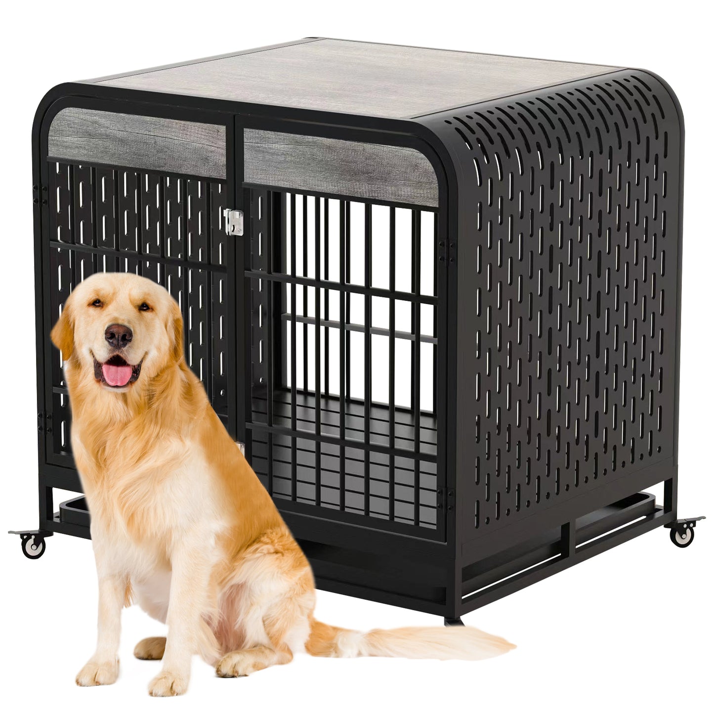 Heavy Duty Dog Crate Furniture Wooden Table Pet Dog Cage Kennel House Indoor Side End Table Decor with Removable Trays and Lockable Wheels for Medium and Large Dogs 42" Grey