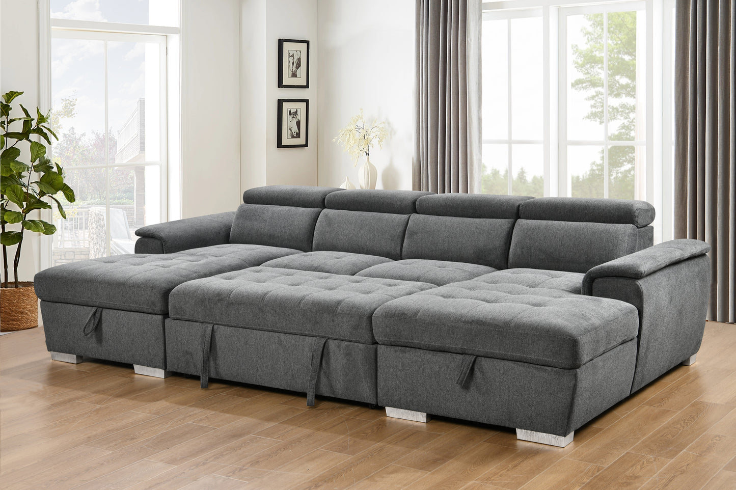 U Shaped Sleeper Sofa, 121 inch Overisze - 2 in 1 Pull Out Bed, Sectional Sleeper Sofa with Double Storage Chaise for Living Room Furniture, Dark Grey