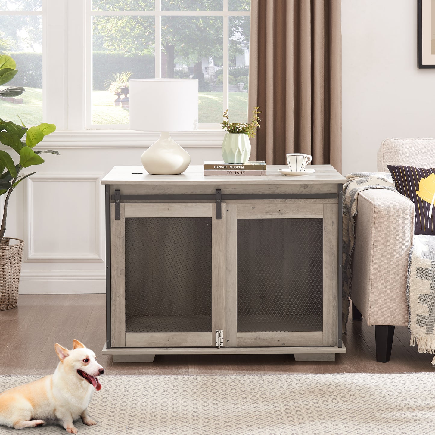 Farmhouse Dog Cage Crate Furniture with Sliding Barn Door,  Farmhouse Wooden Dog Kennel End Table with Flip-top Plate Dog House with Detachable Divider for Small/Medium/Large Dog Gray