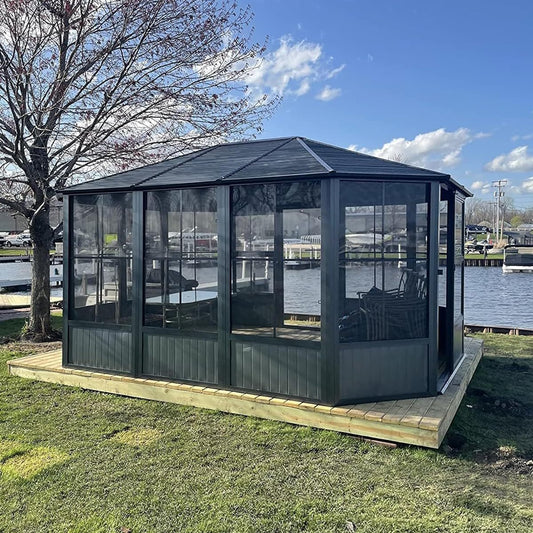 13 x 13 FT Sunroom Octagonal Solarium,Screen Houses for Outdoors Backyard with Lockable Sliding Door,Moveable PC Screen,Galvanized Steel Sloping Roof