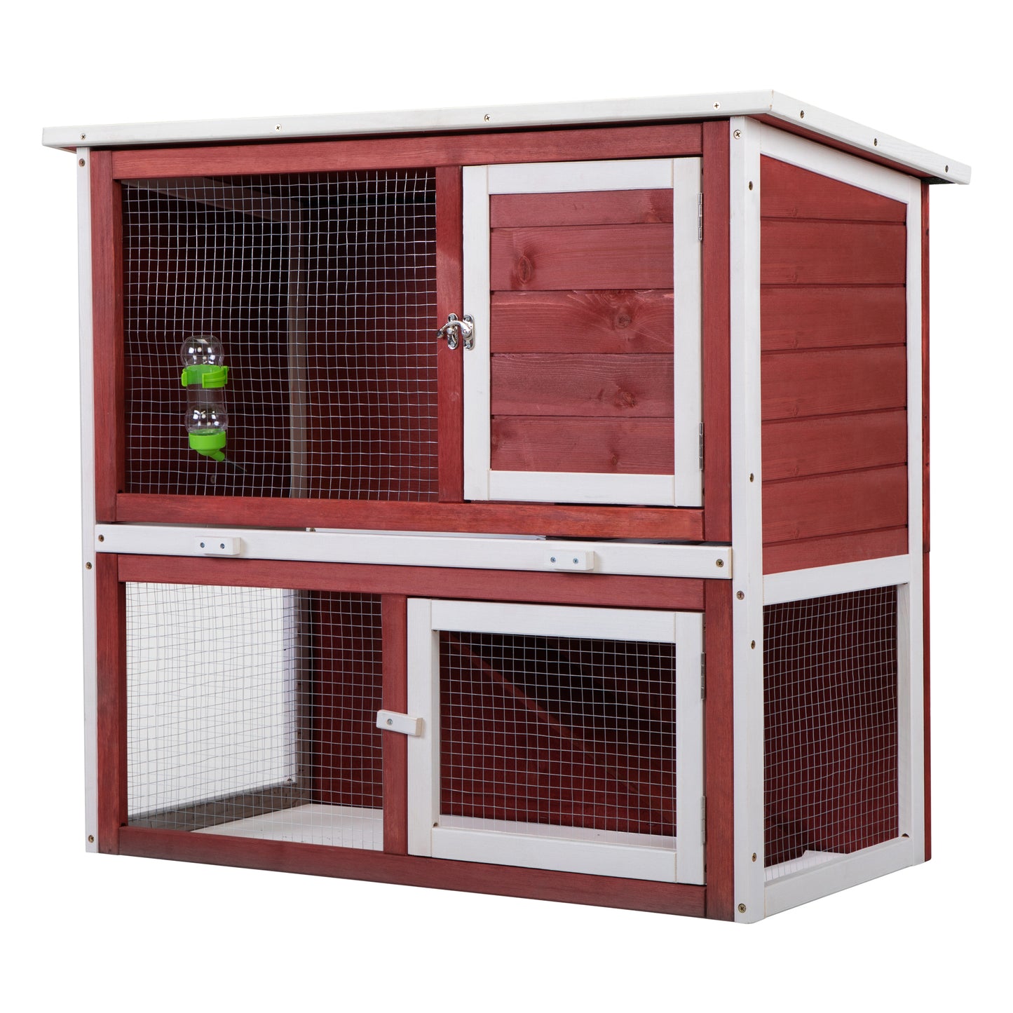 Wood Rabbit Hutch, Pet Playpen with 2 Stories, Ramp, Doors, Pull-out Tray, Water Bottle, Outdoor Enclosure for Small Animals Bunnies, Red and White