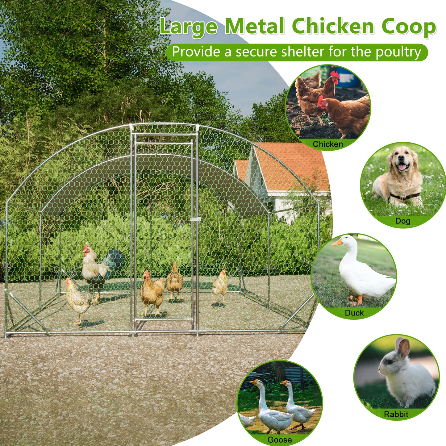 Large Chicken Coop Metal Chicken Run with Waterproof and Anti-UV Cover, Dome Shaped Walk-in Fence Cage Hen House for Outdoor and Yard Farm Use, 1" Tube Diameter, 9.84' x 13.12' x 6.56'