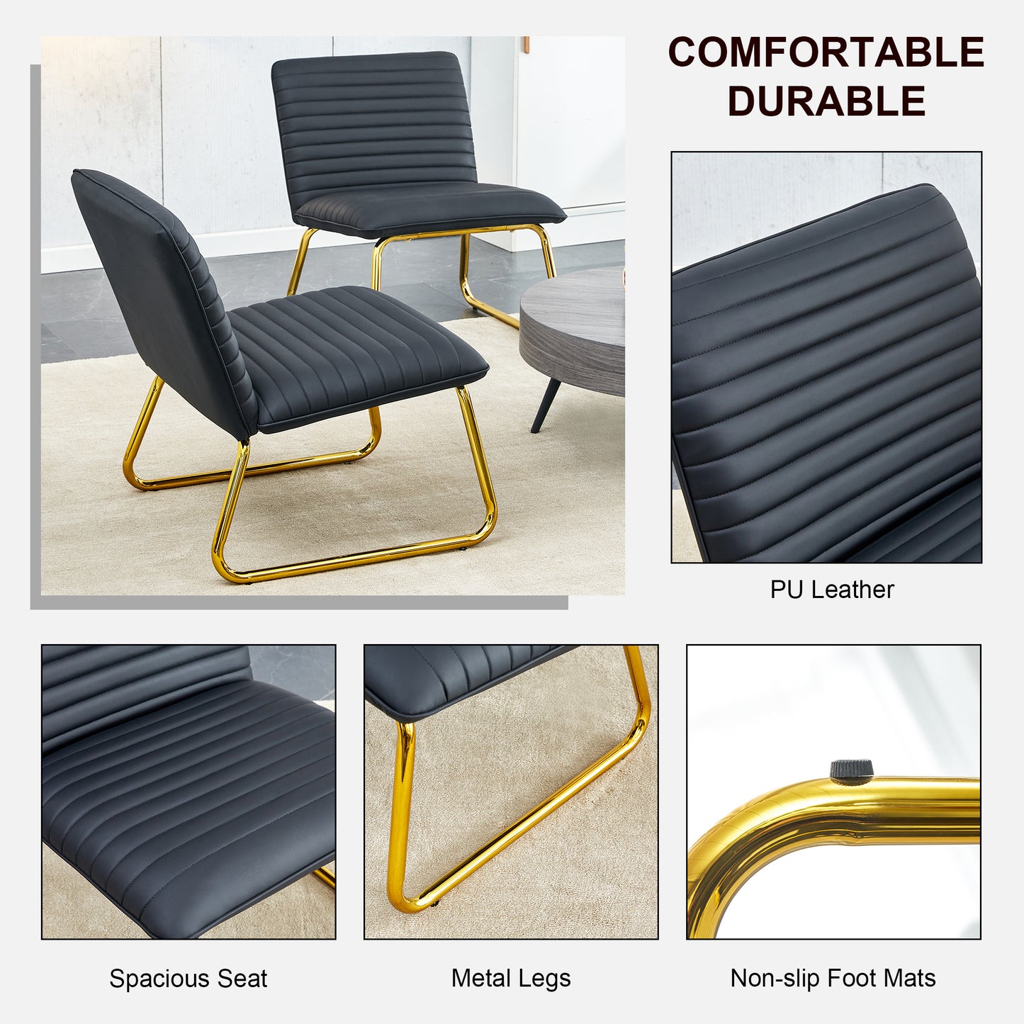 [SantaChoice] Black minimalist armless sofa chair with PU backrest and golden metal legs, suitable for offices, restaurants, kitchens, and bedrooms