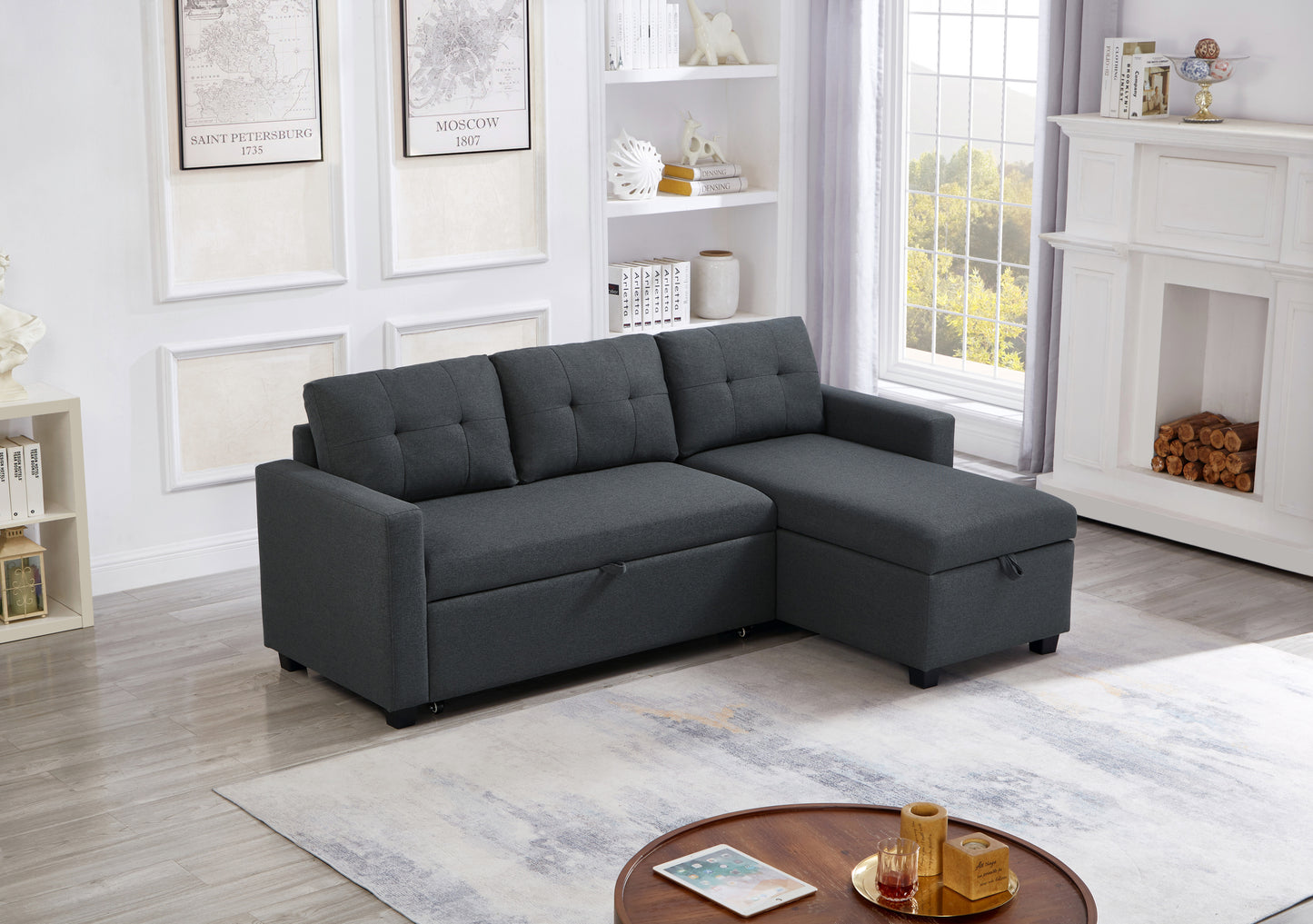 Upholstered Pull Out Sectional Sofa with Storage Chaise, Convertible Corner Couch, Dark Grey