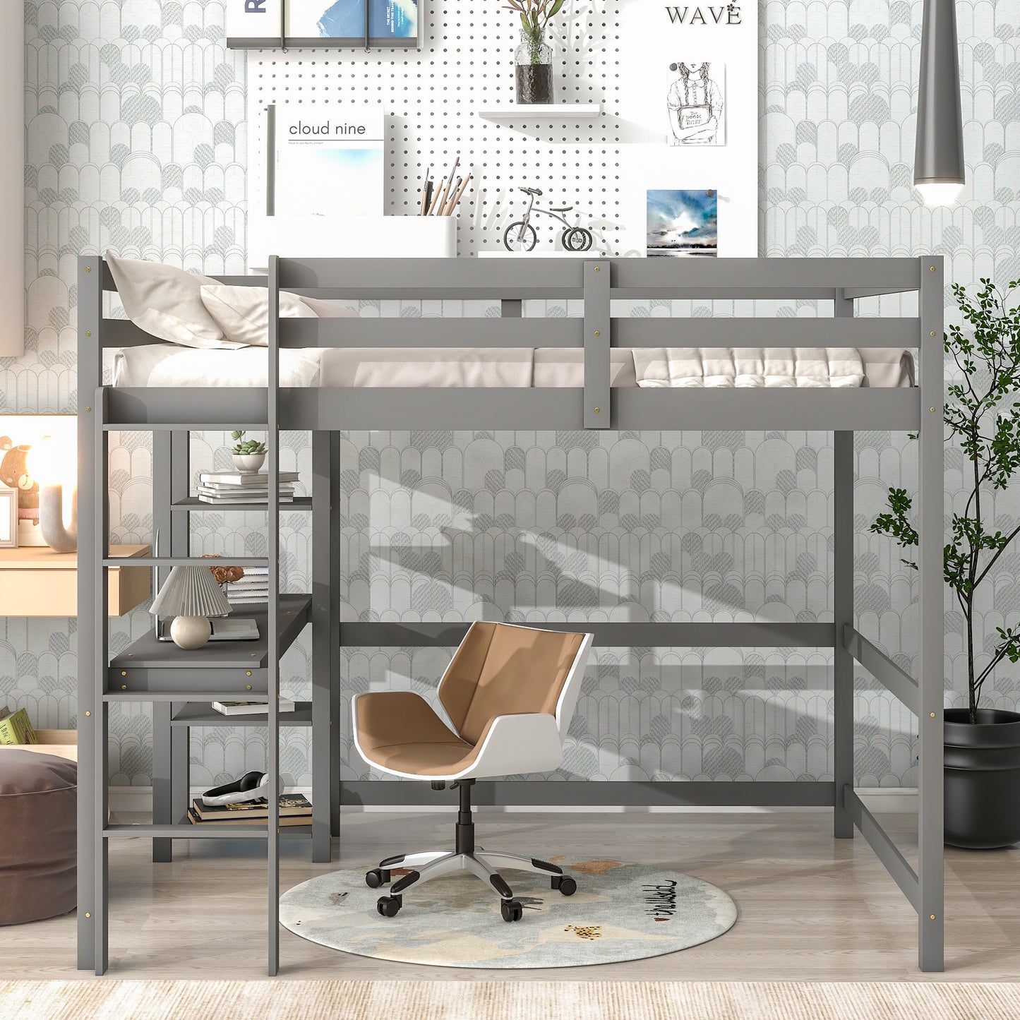 Full Loft Bed with Desk ,Shelves and Ladder, Grey