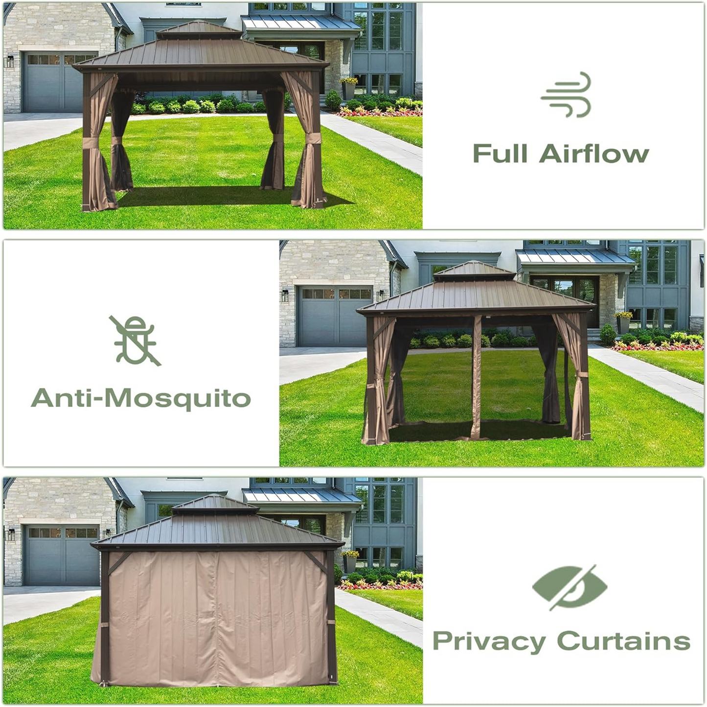 [SantaChoice] 10' X 12' Hardtop Gazebo, Aluminum Metal Gazebo with Galvanized Steel Double Roof Canopy, Curtain and Netting, Permanent Gazebo Pavilion for Party, Wedding, Outdoor Dining, Brown