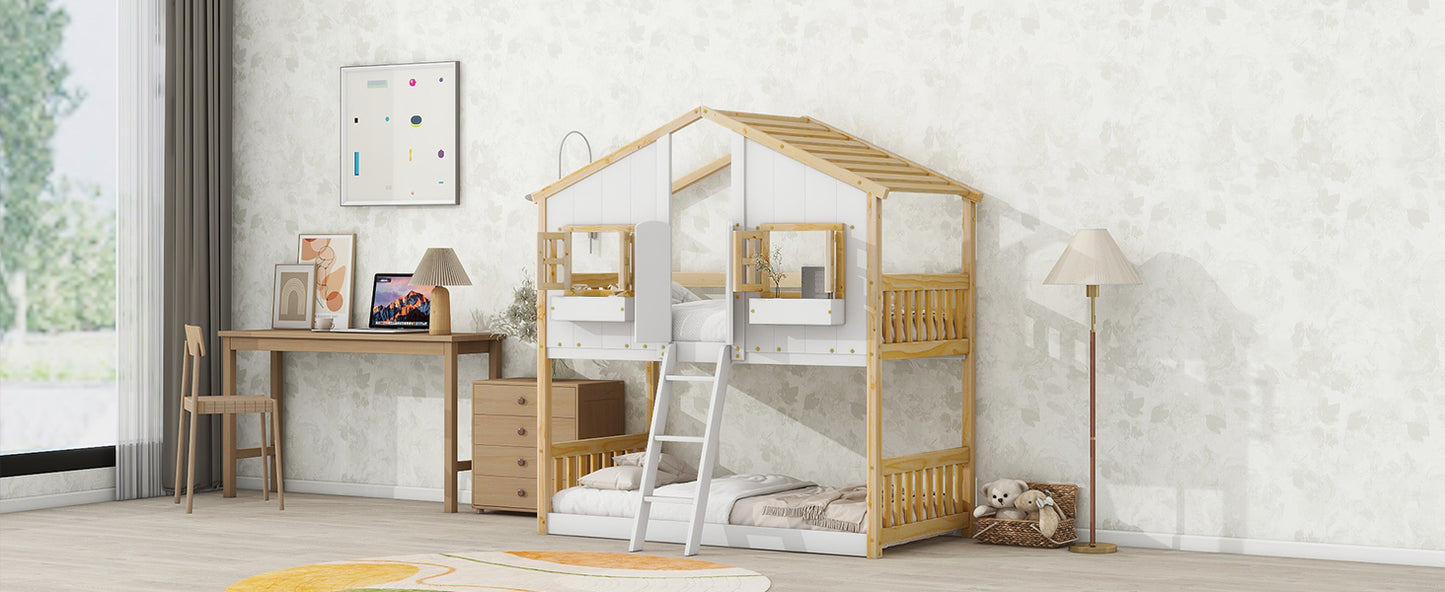 Twin over Twin House Bunk Bed with Roof , Window, Window  Box, Door , with Safety Guardrails and Ladder, Natural/White