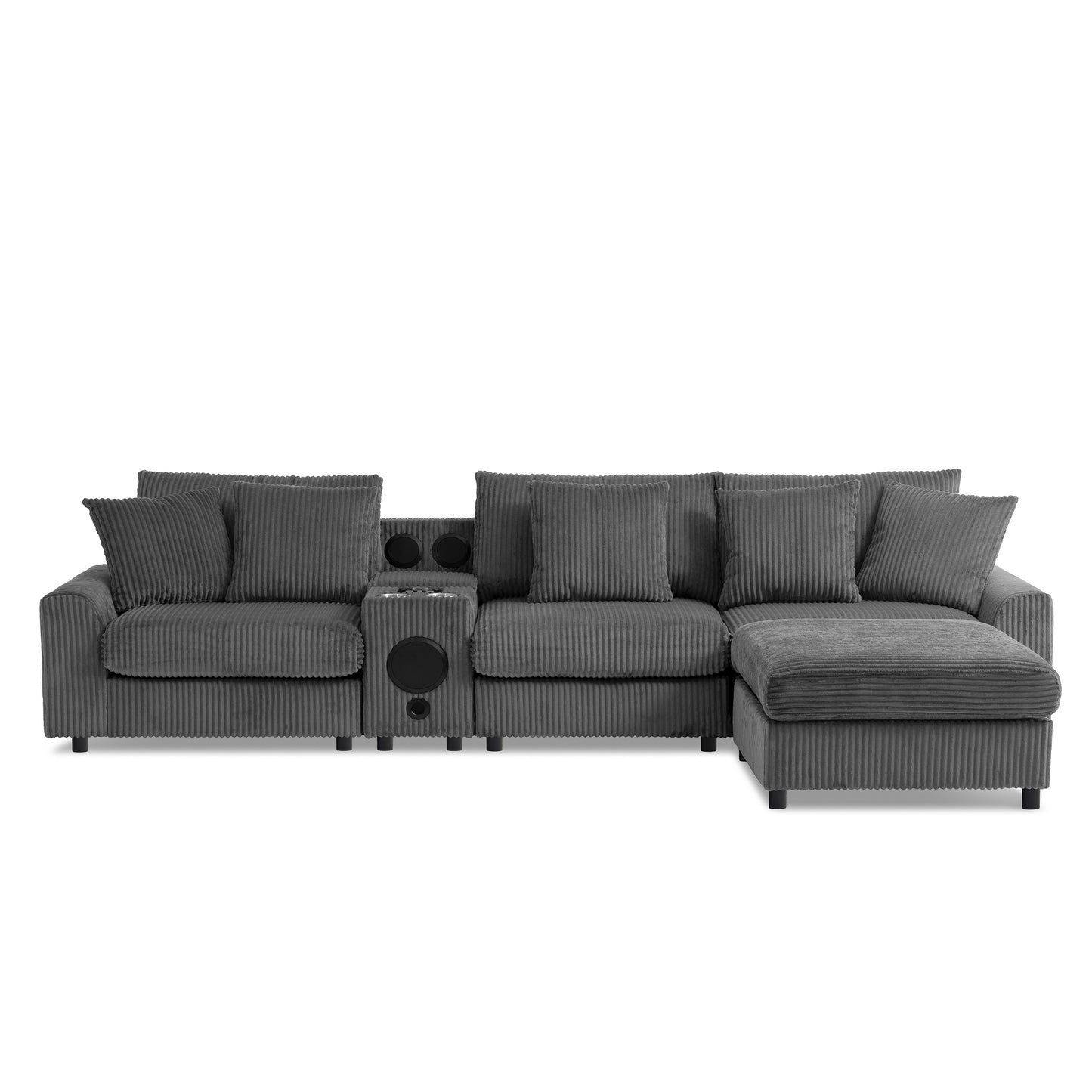 [SantaChoice] 114*64'' Corduroy Sectional Sofa with Bluetooth Speakers,L Shaped Couch with Console,USB Charger,Cup Holders,Storage,Ottoman,Deep and Wide Seat Cloud Sofa for Living Room,Apartment,2 Colors